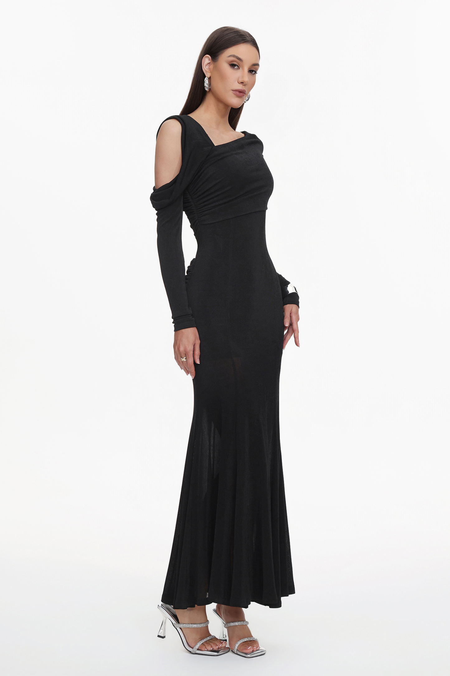 Luysa Elegant Contour One Shoulder Ruched Knit Black Maxi Dress