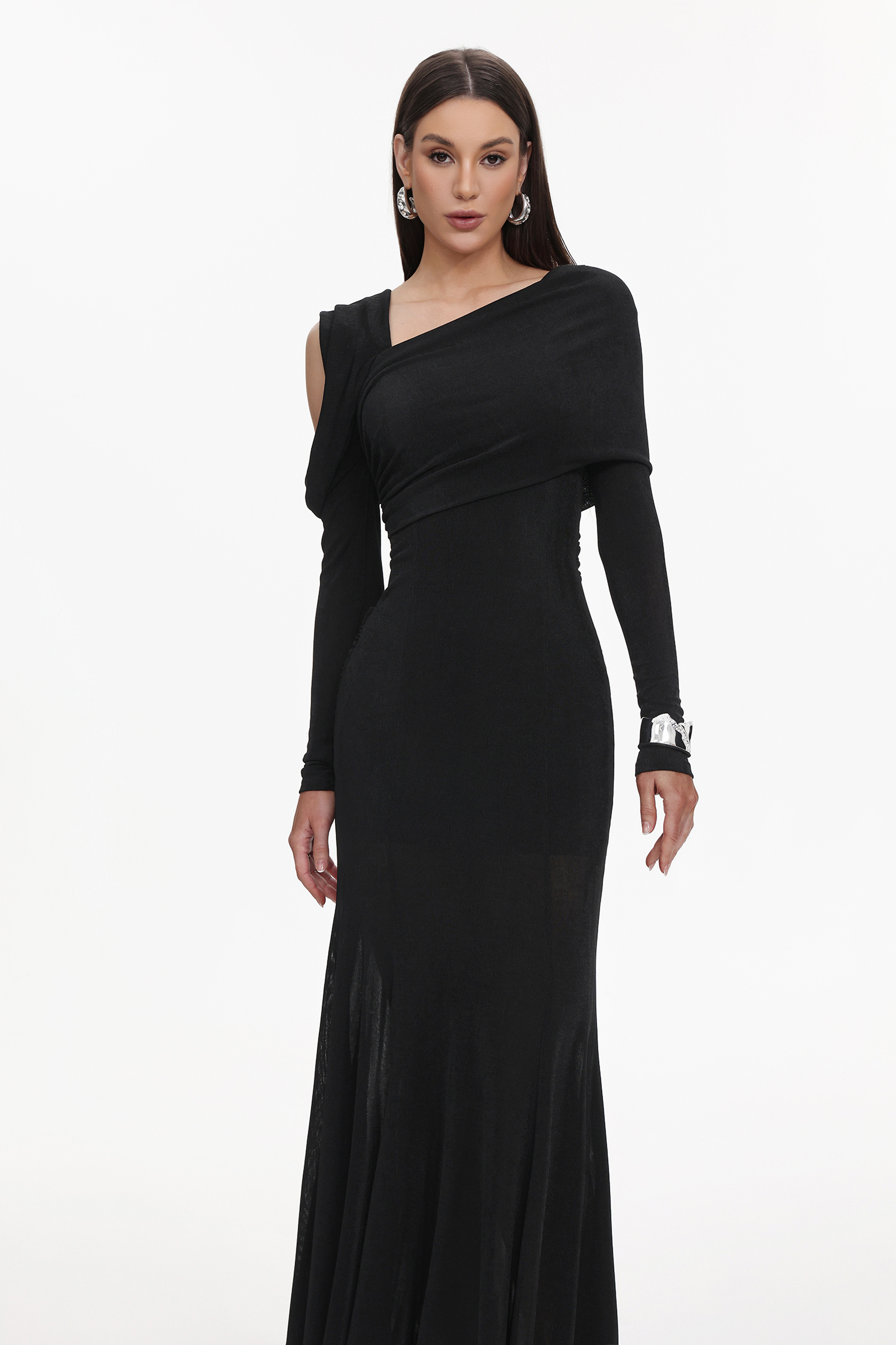 Luysa Elegant Contour One Shoulder Ruched Knit Black Maxi Dress