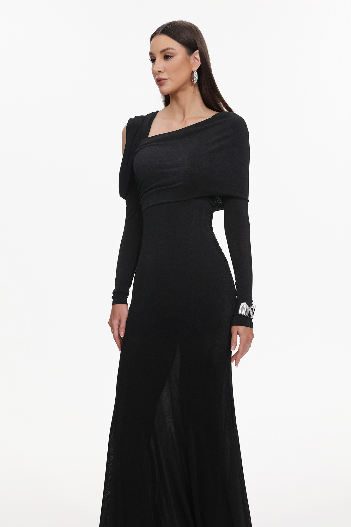 Luysa Elegant Contour One Shoulder Ruched Knit Black Maxi Dress