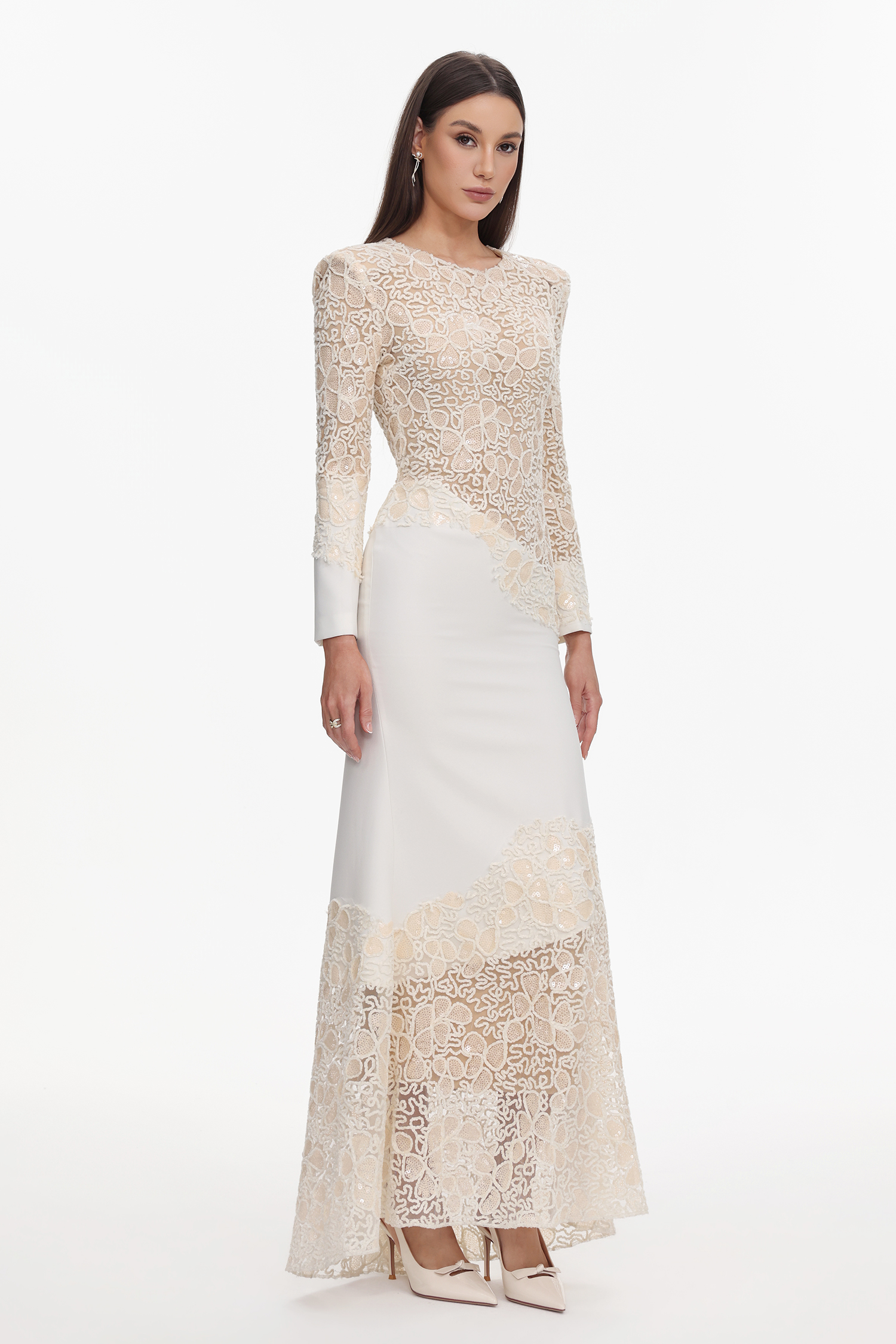 Wedasa Round Neck Long Sleeves Embroidery Lace Maxi Dress