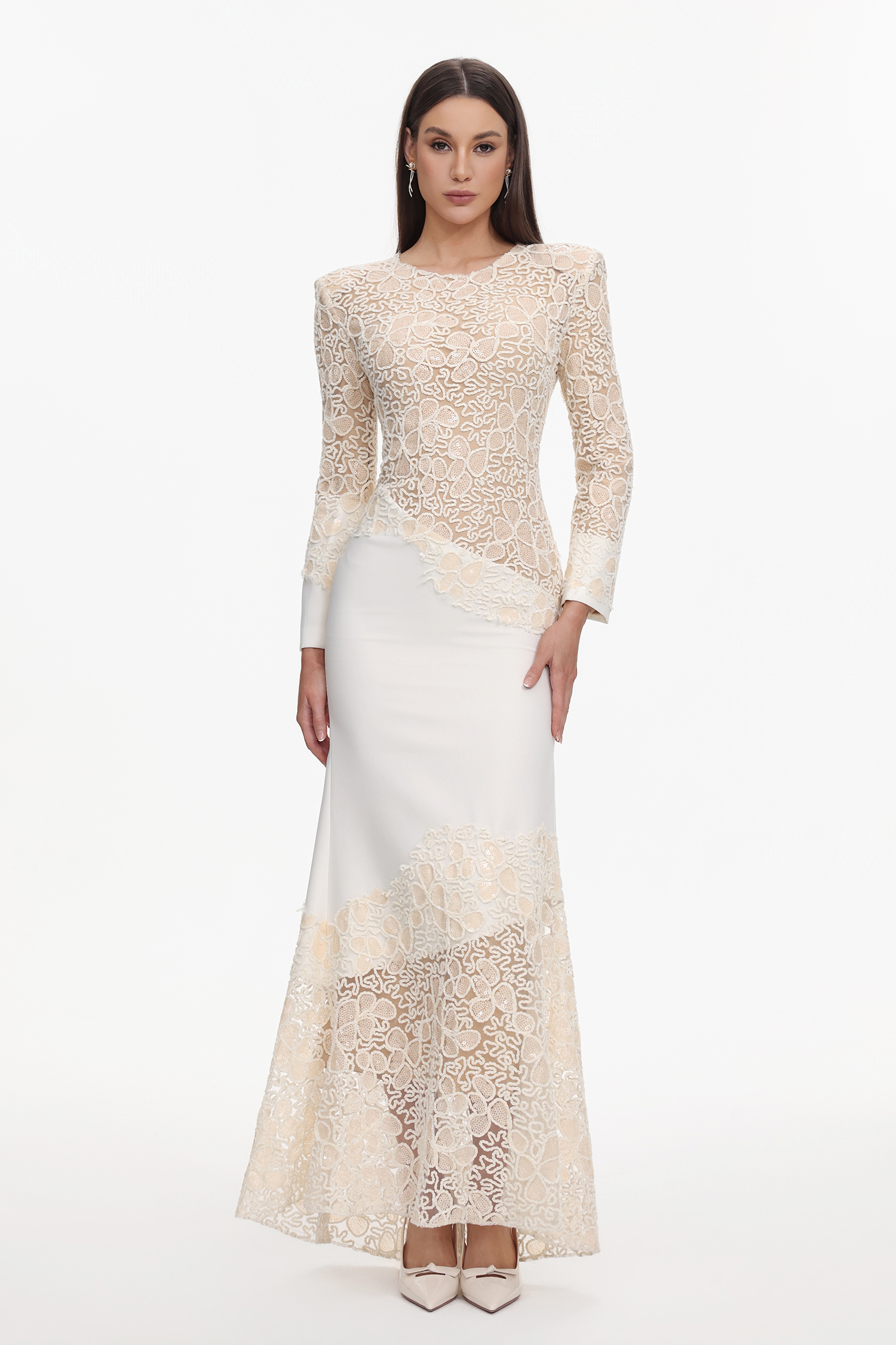 Wedasa Round Neck Long Sleeves Embroidery Lace Maxi Dress