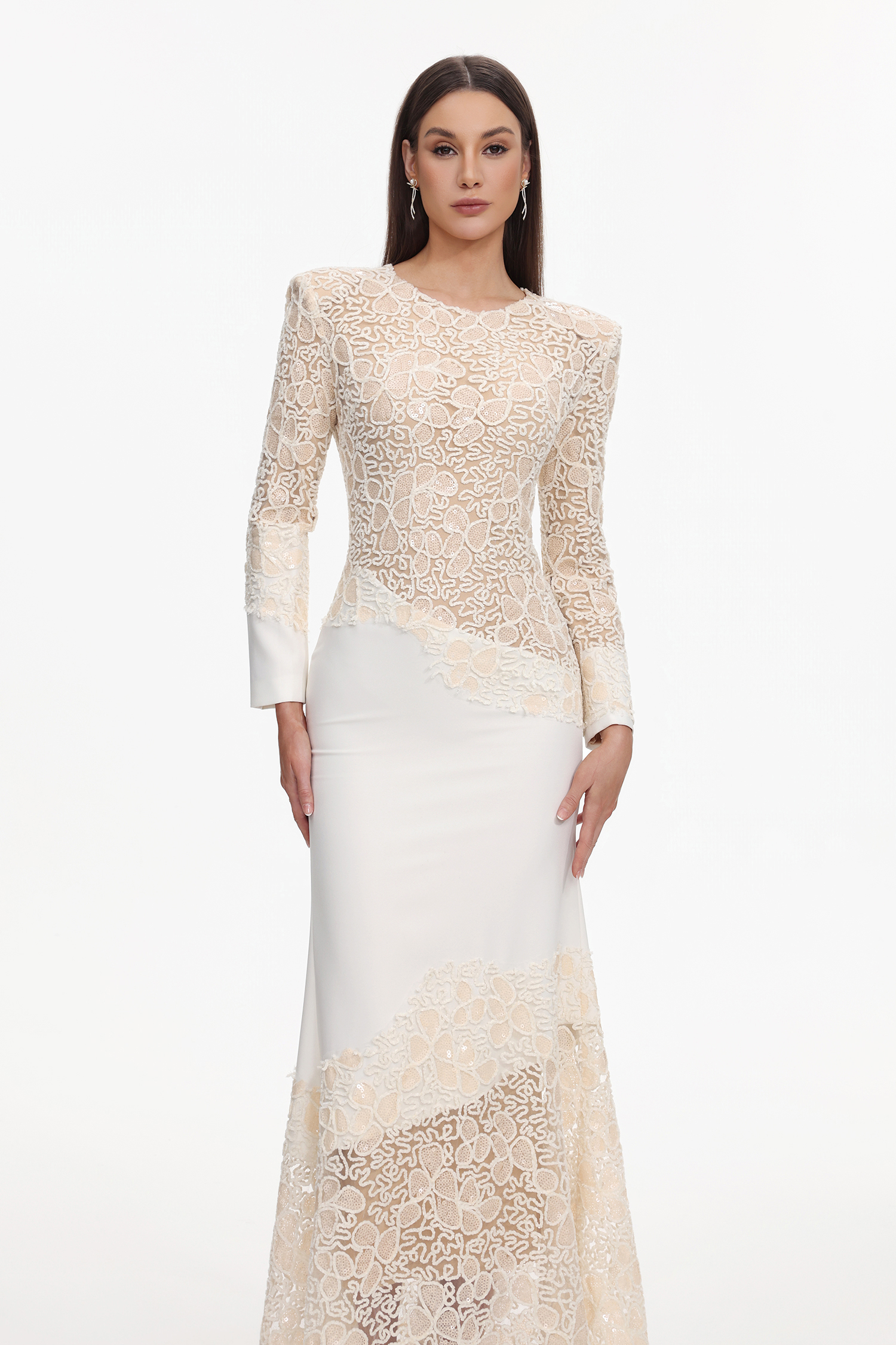 Wedasa Round Neck Long Sleeves Embroidery Lace Maxi Dress