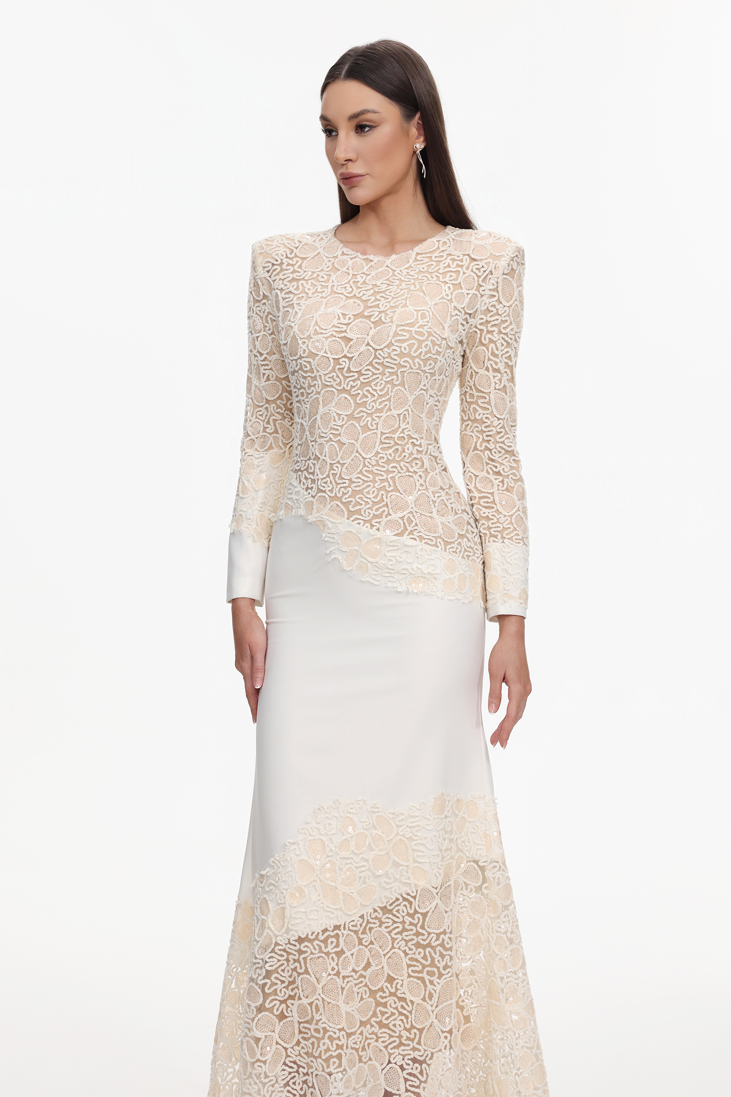 Wedasa Round Neck Long Sleeves Embroidery Lace Maxi Dress