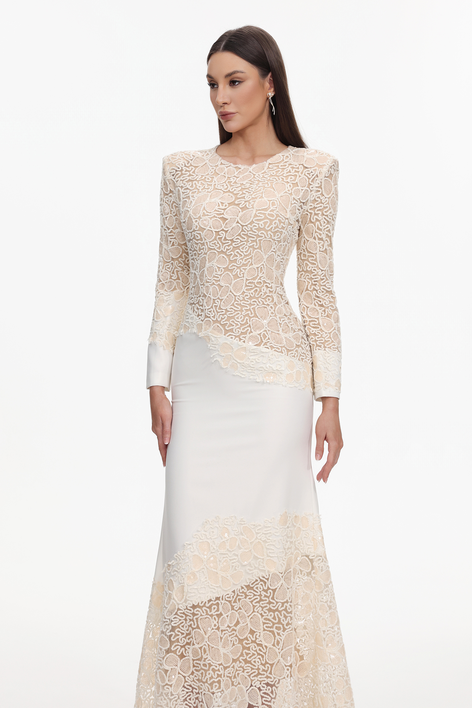 Wedasa Round Neck Long Sleeves Embroidery Lace Maxi Dress