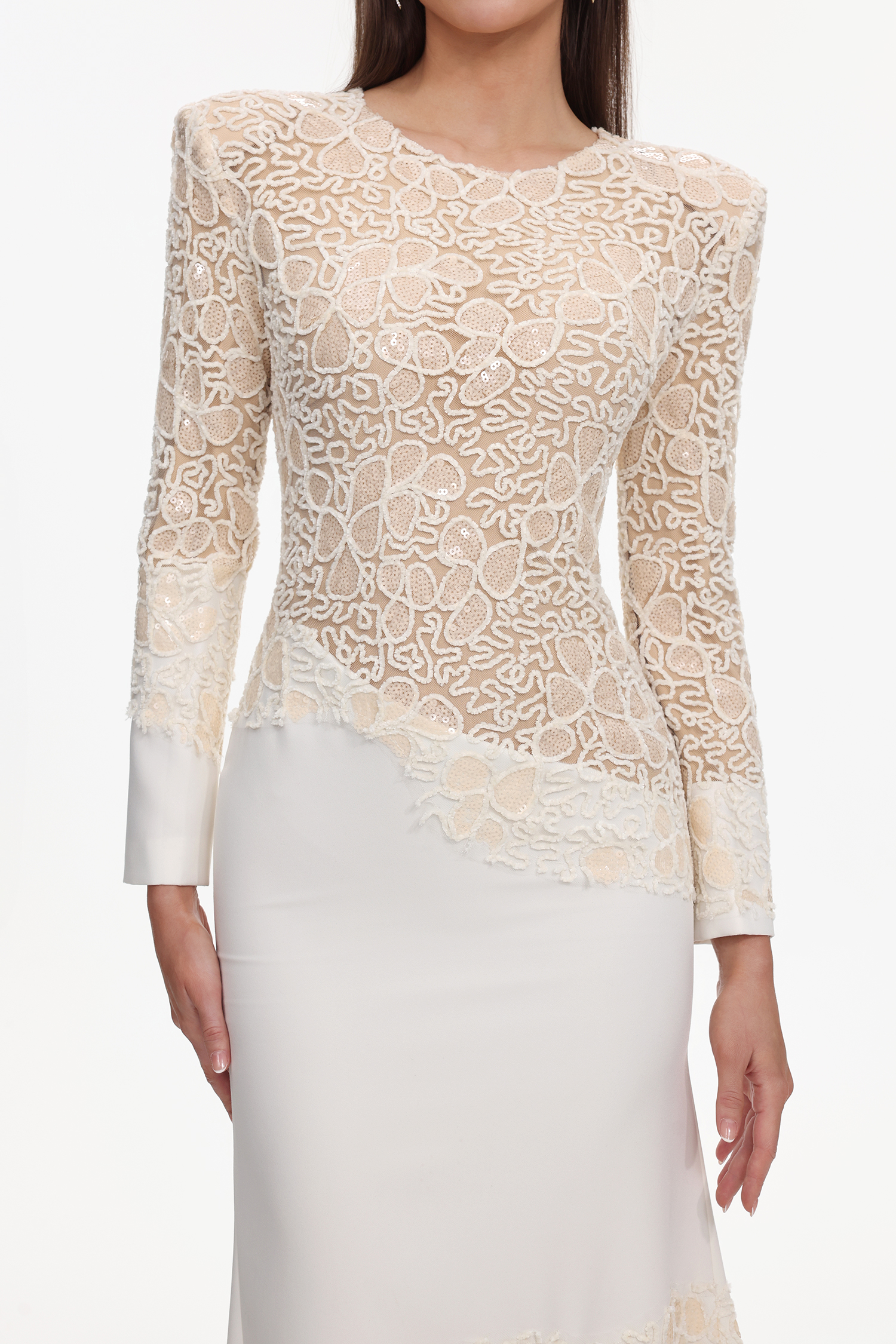 Wedasa Round Neck Long Sleeves Embroidery Lace Maxi Dress