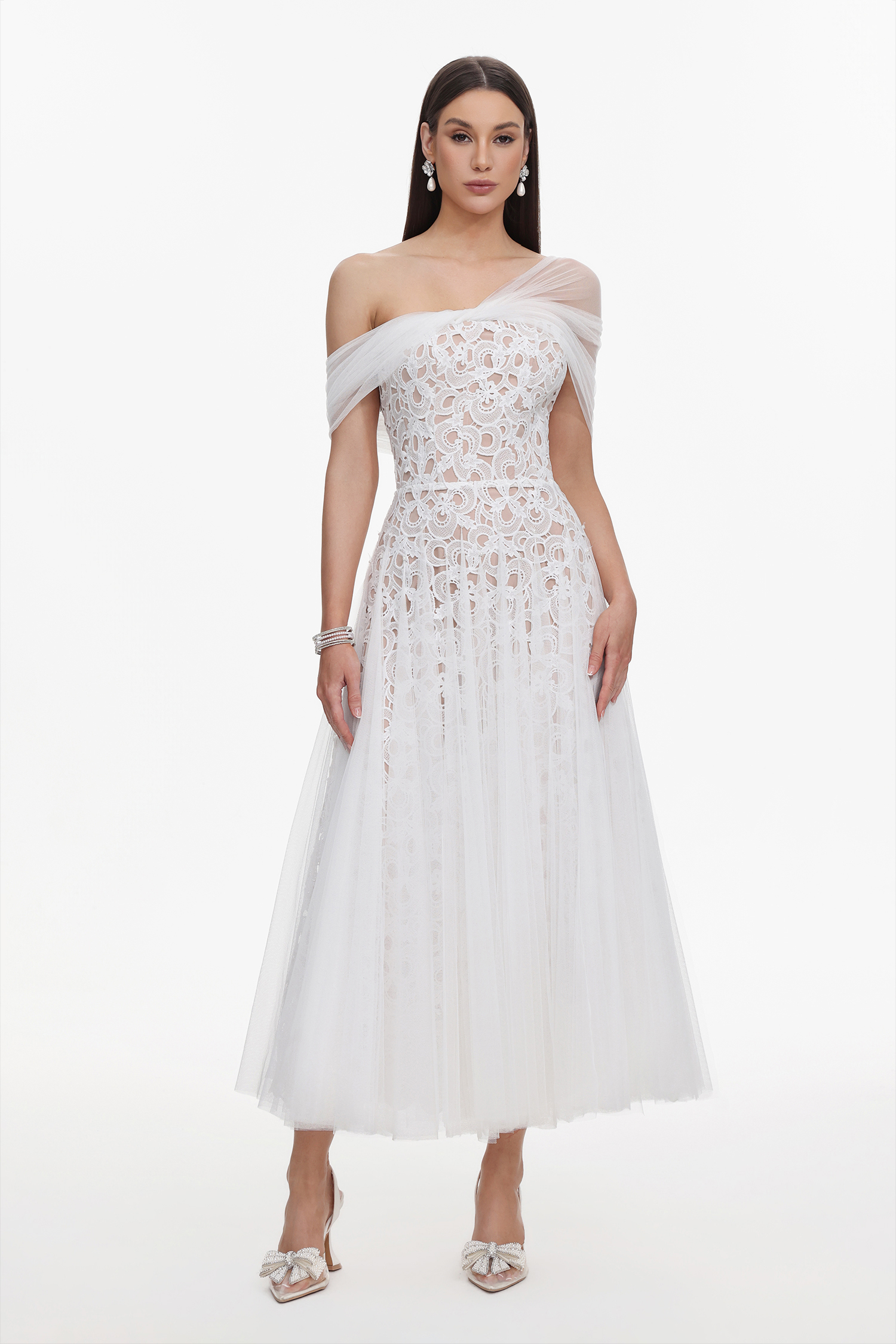 Yvonne Elegant Tailored Off Shoulder Lace Tulle Maxi Dress