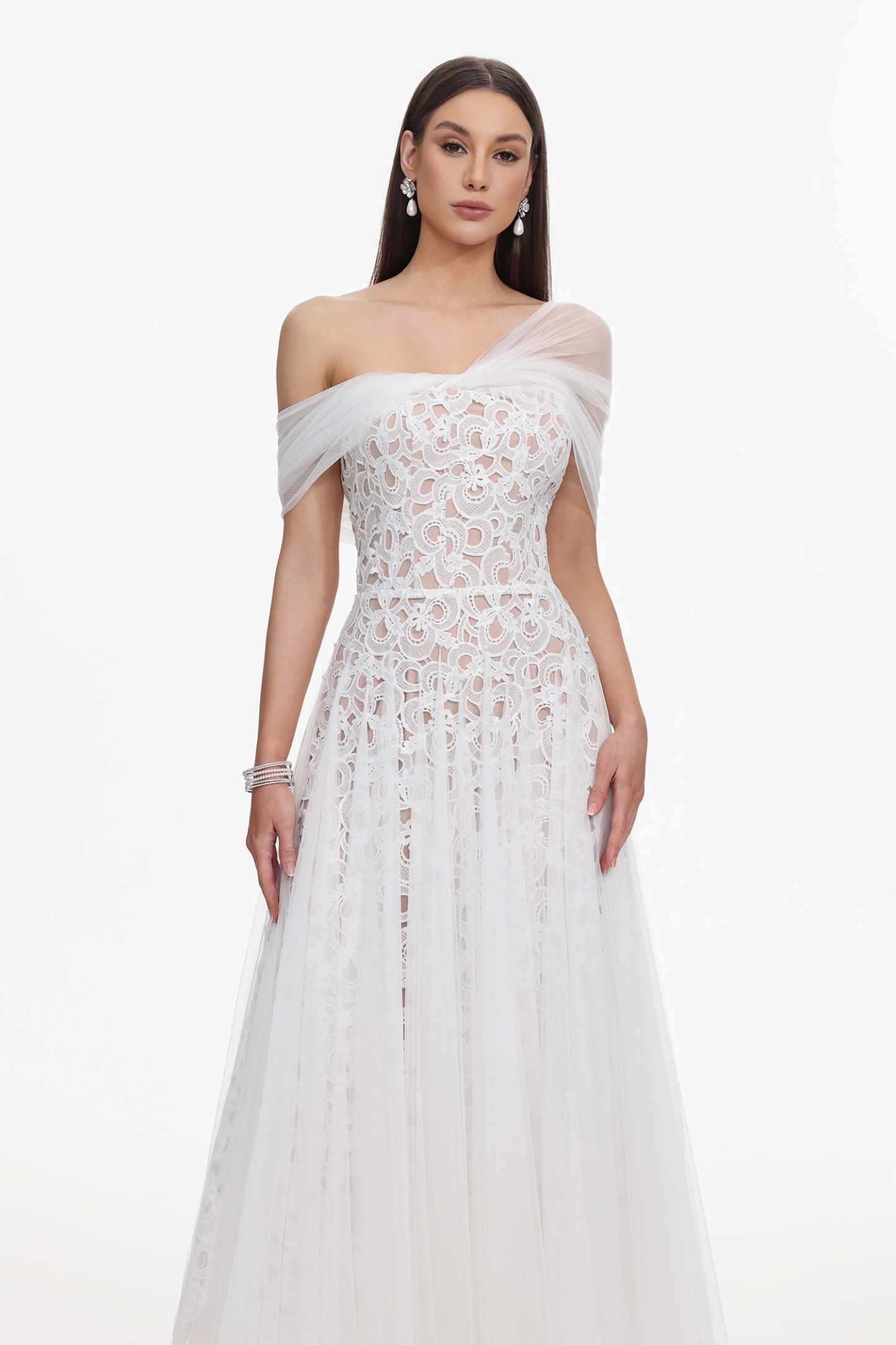 Yvonne Elegant Tailored Off Shoulder Lace Tulle Maxi Dress