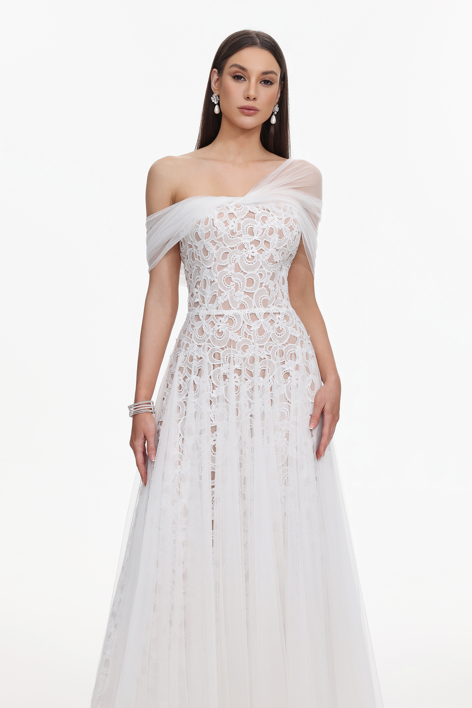 Yvonne Elegant Tailored Off Shoulder Lace Tulle Maxi Dress