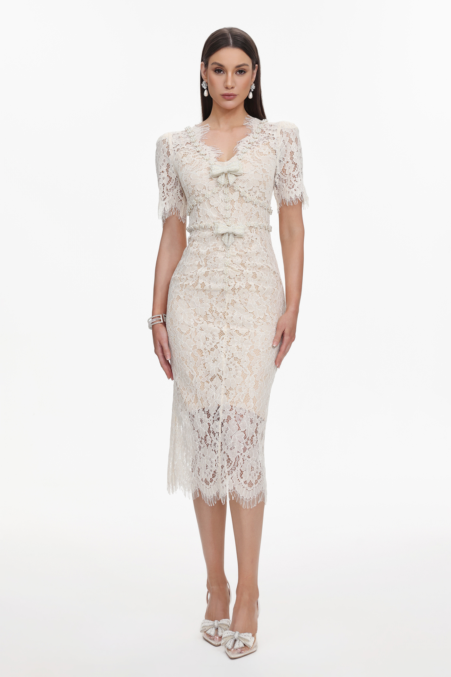 Maisie V-Neck Short Sleeves Bowknot Lace Midi Dress