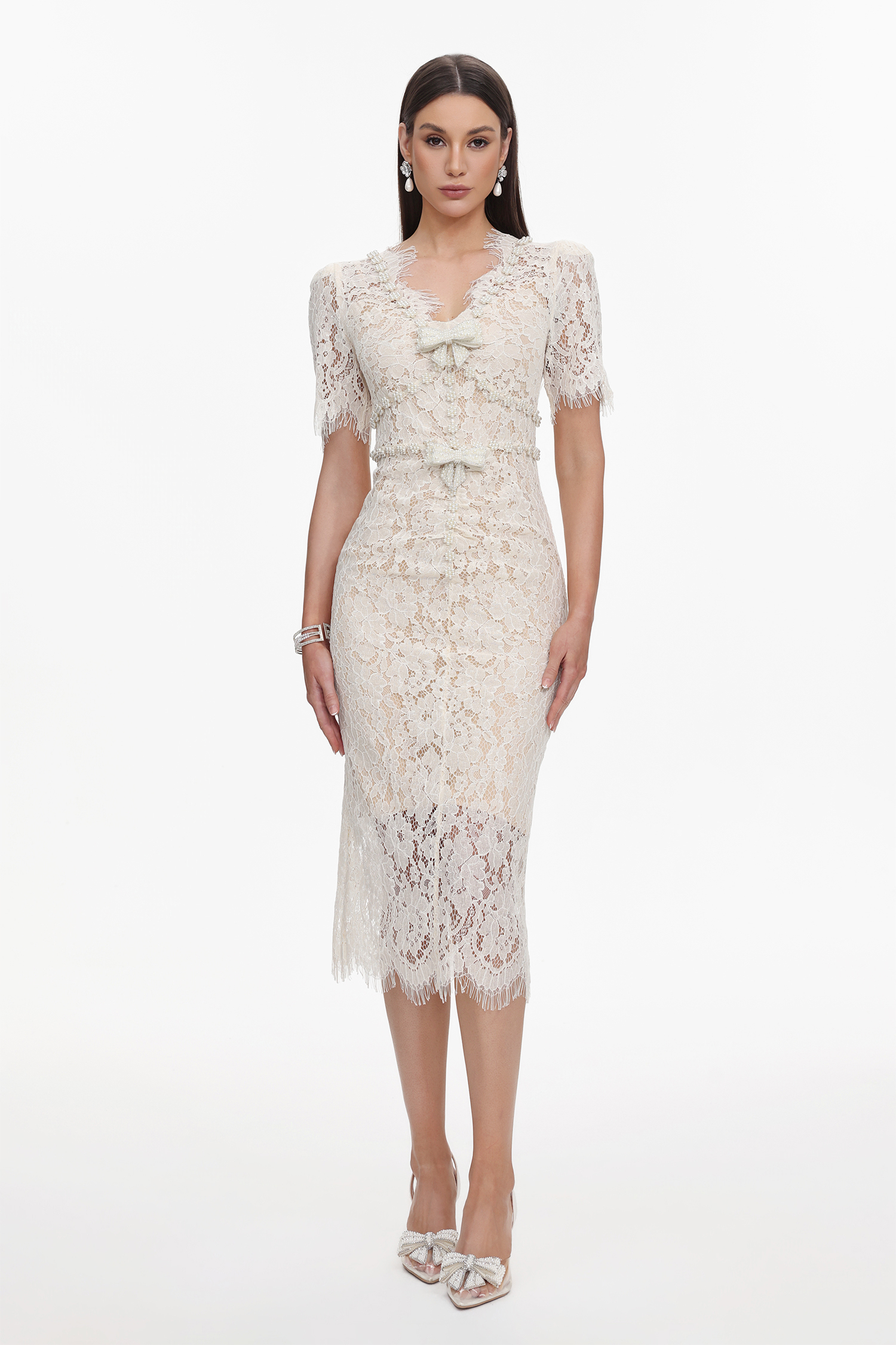 Maisie V-Neck Short Sleeves Bowknot Lace Midi Dress