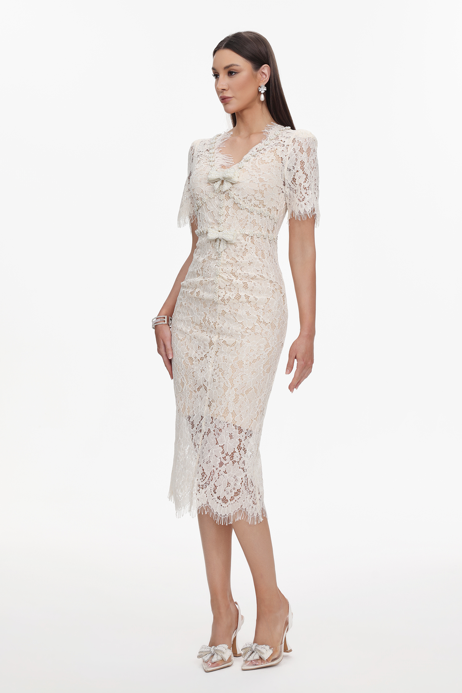 Maisie V-Neck Short Sleeves Bowknot Lace Midi Dress