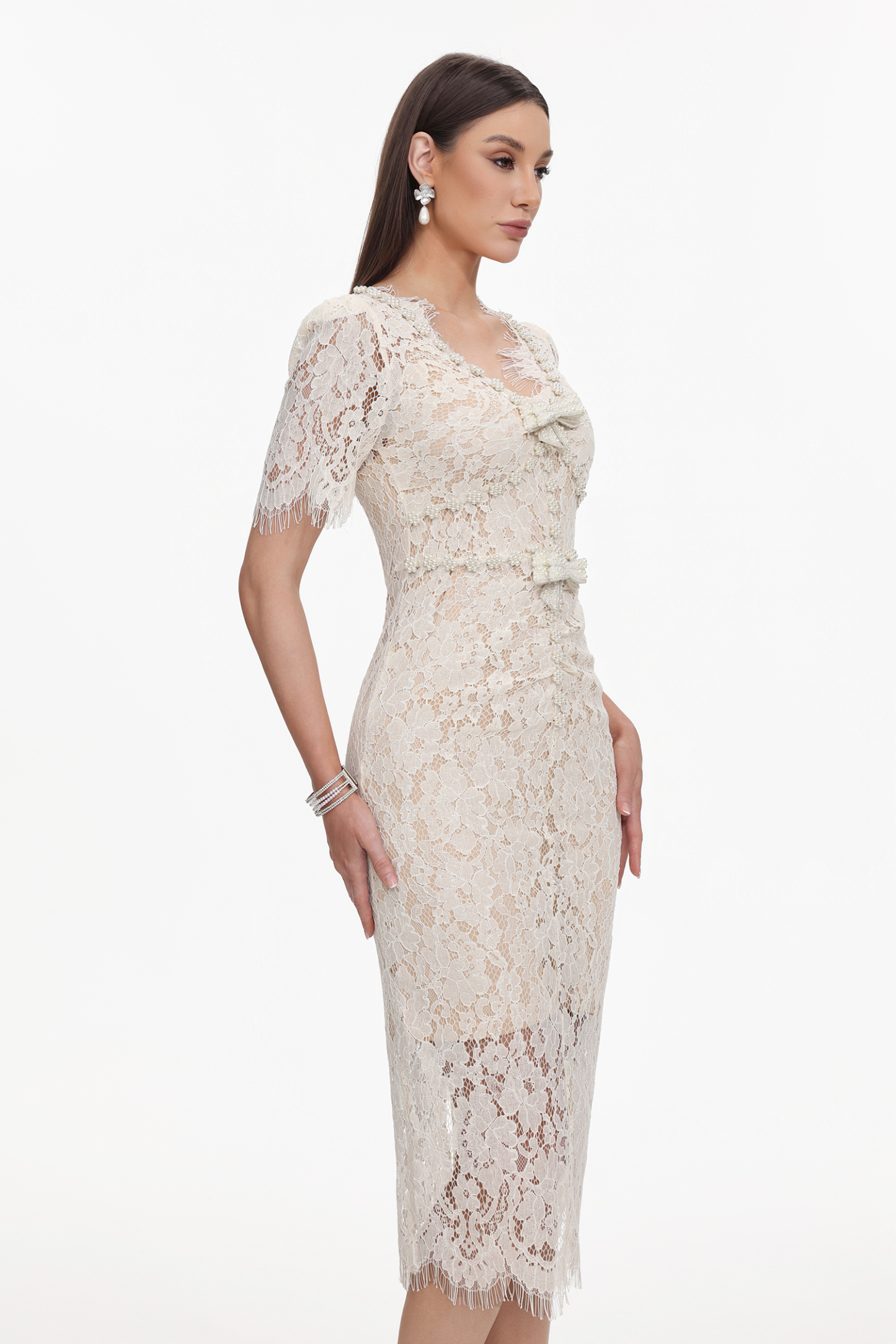 Maisie V-Neck Short Sleeves Bowknot Lace Midi Dress