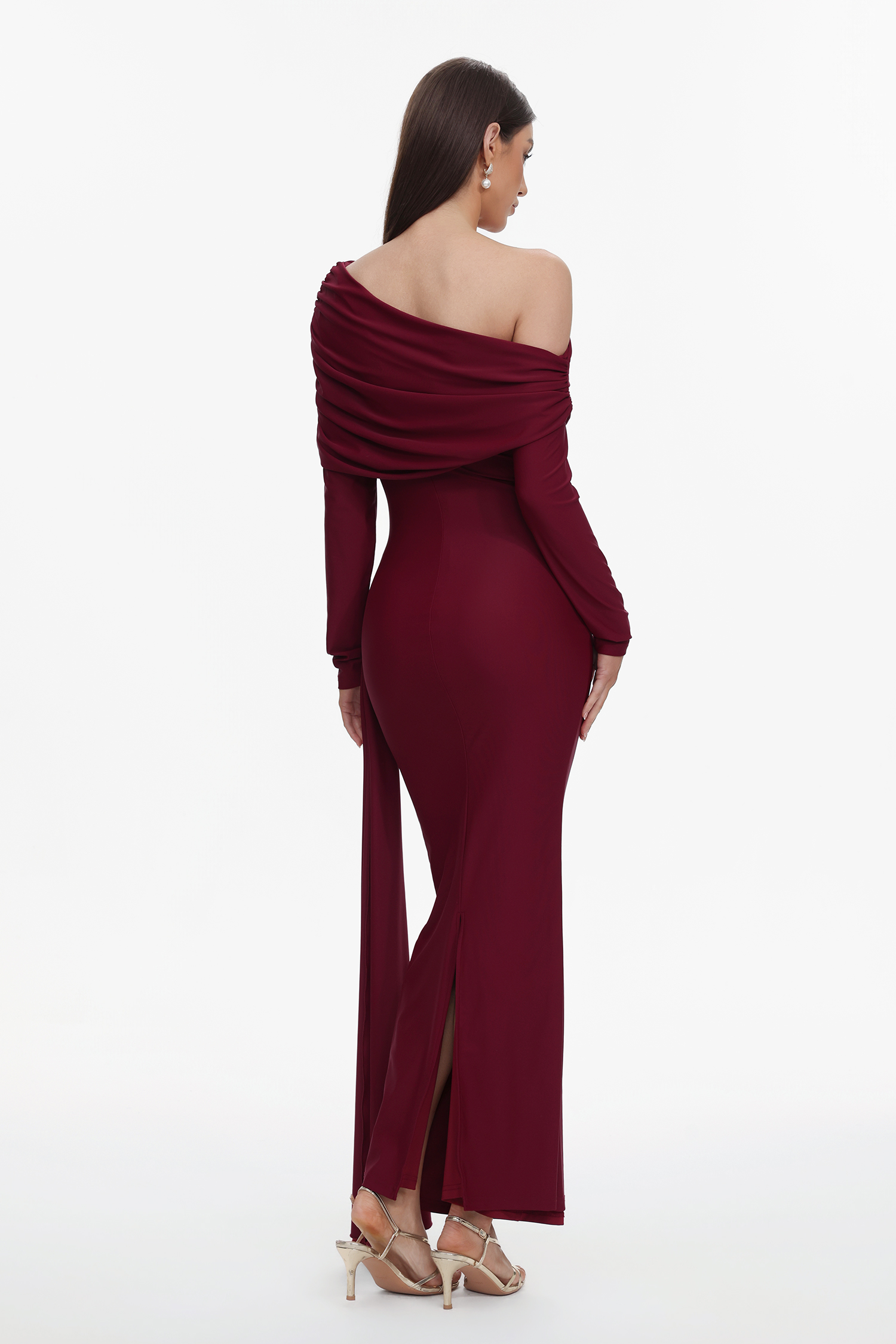 Emory Elegant Contour One Shoulder Long Sleeve Ruched Knit Maxi Dress
