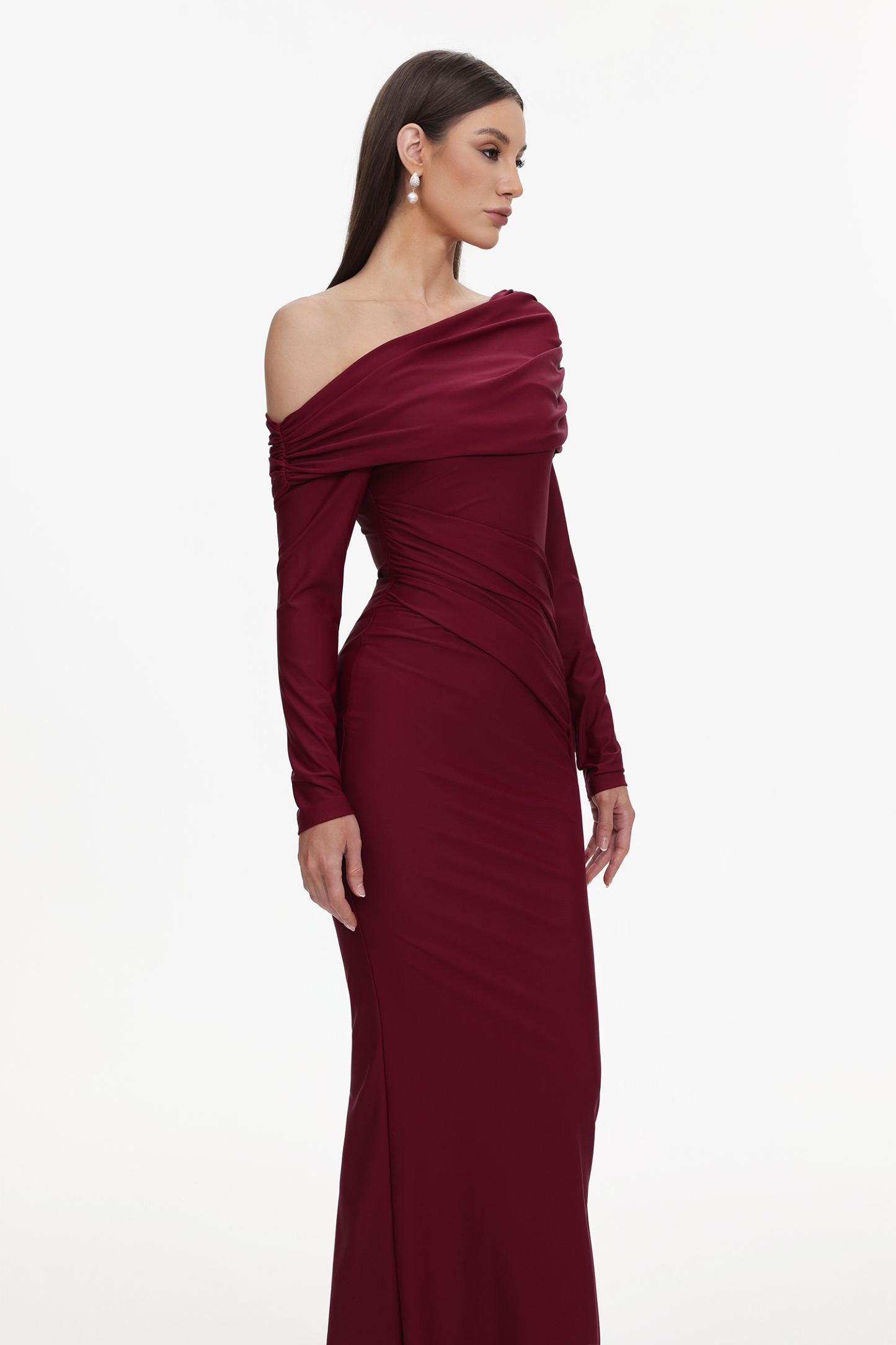 Emory Elegant Contour One Shoulder Long Sleeve Ruched Knit Maxi Dress