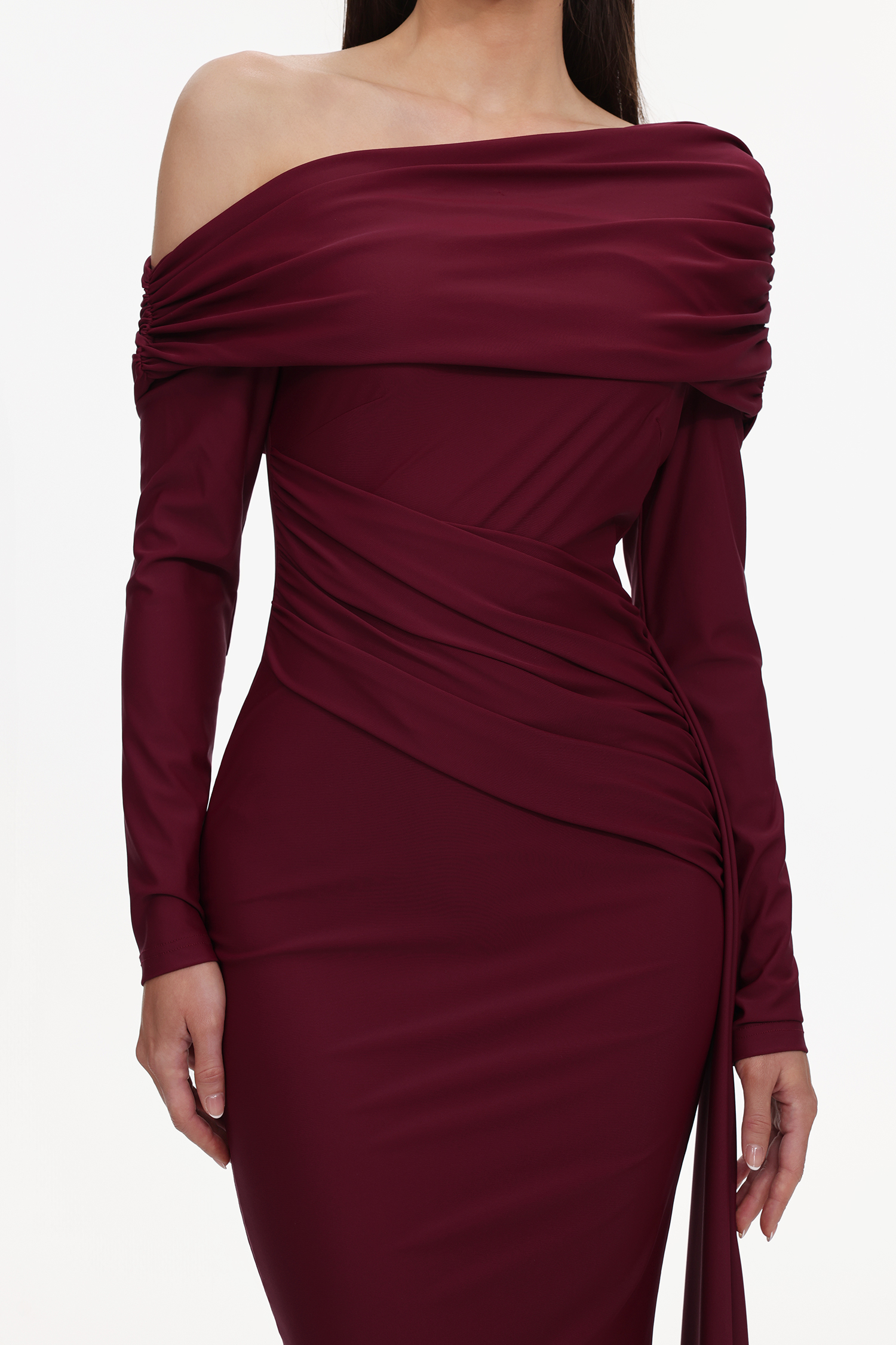 Emory Elegant Contour One Shoulder Long Sleeve Ruched Knit Maxi Dress