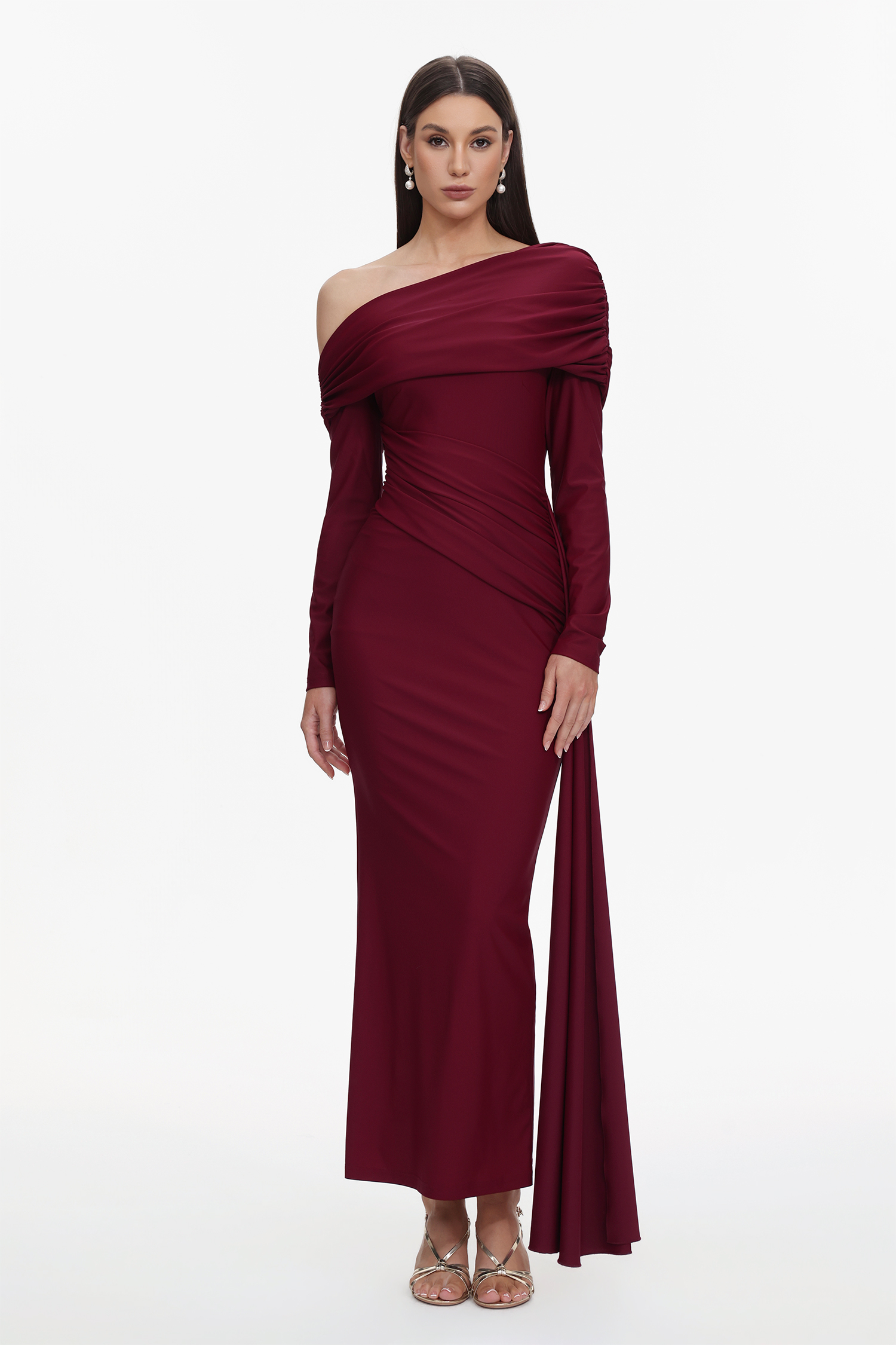 Emory Elegant Contour One Shoulder Long Sleeve Ruched Knit Maxi Dress