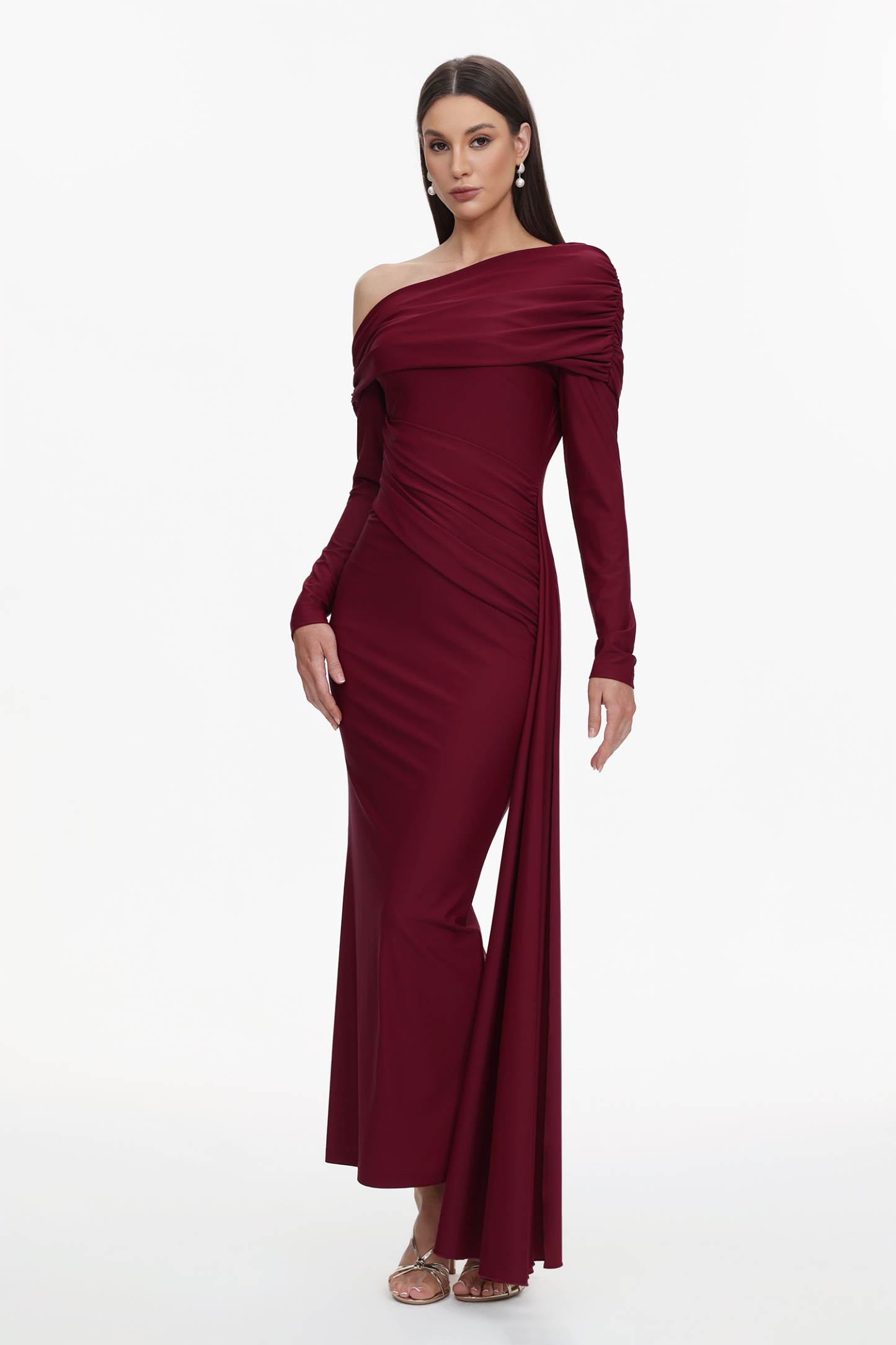 Emory Elegant Contour One Shoulder Long Sleeve Ruched Knit Maxi Dress