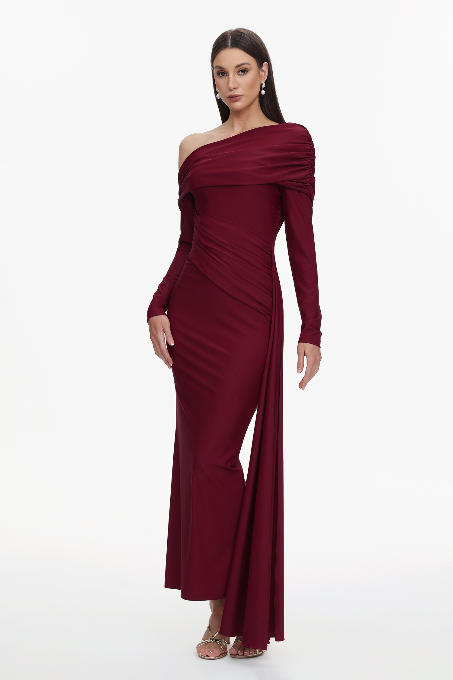 Emory Elegant Contour One Shoulder Long Sleeve Ruched Knit Maxi Dress