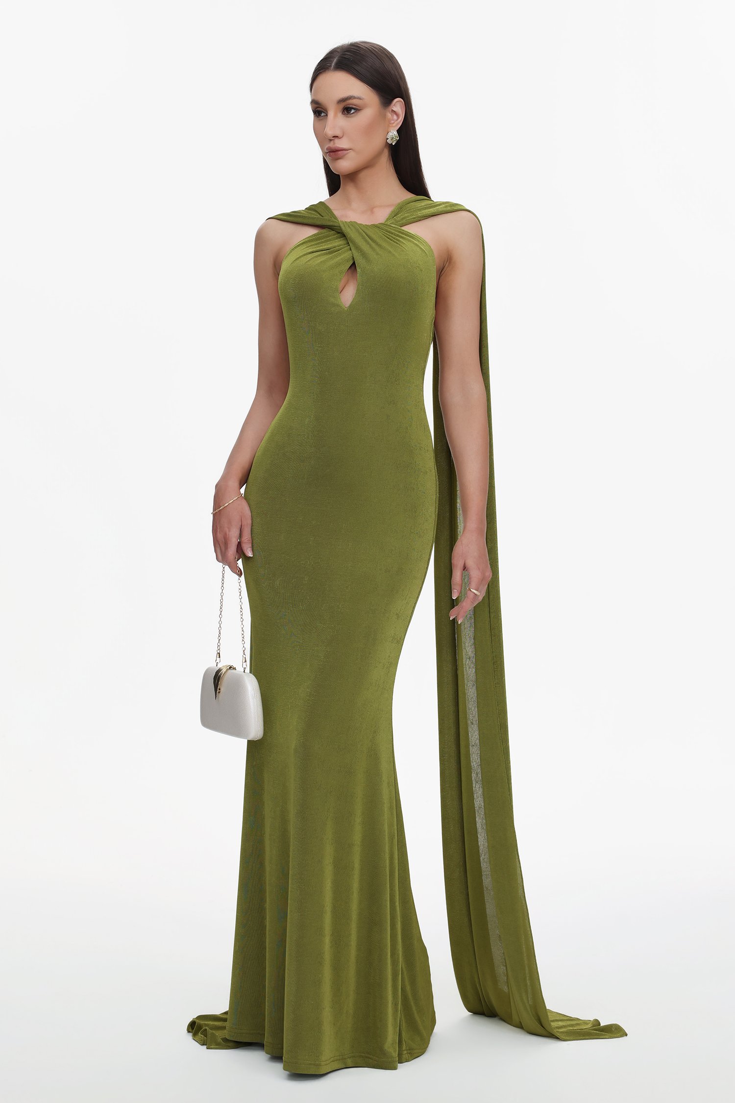 Romelle Elegant Contour Twist Halter Cape Cut Out Maxi Dress