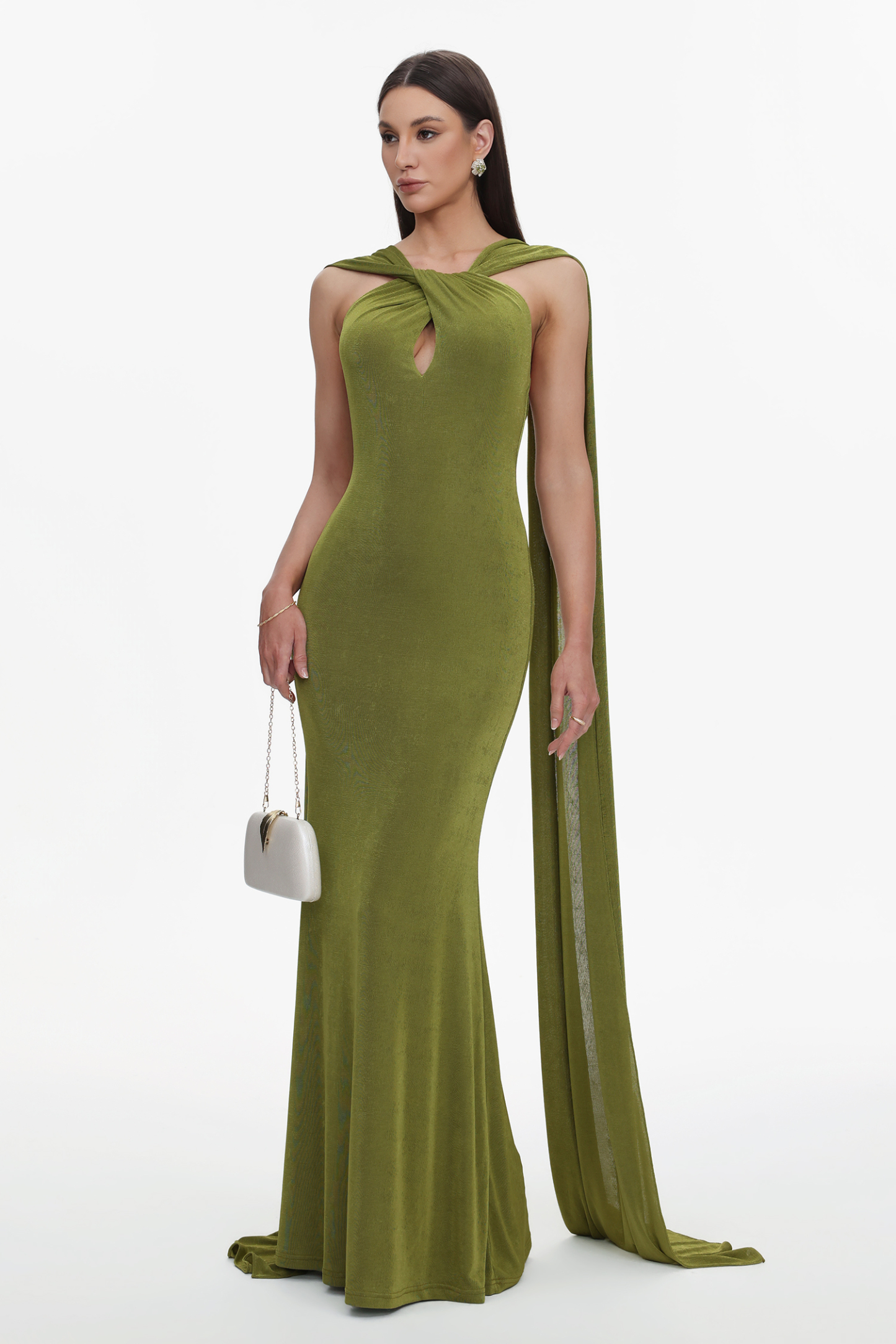 Romelle Elegant Contour Twist Halter Cape Cut Out Maxi Dress