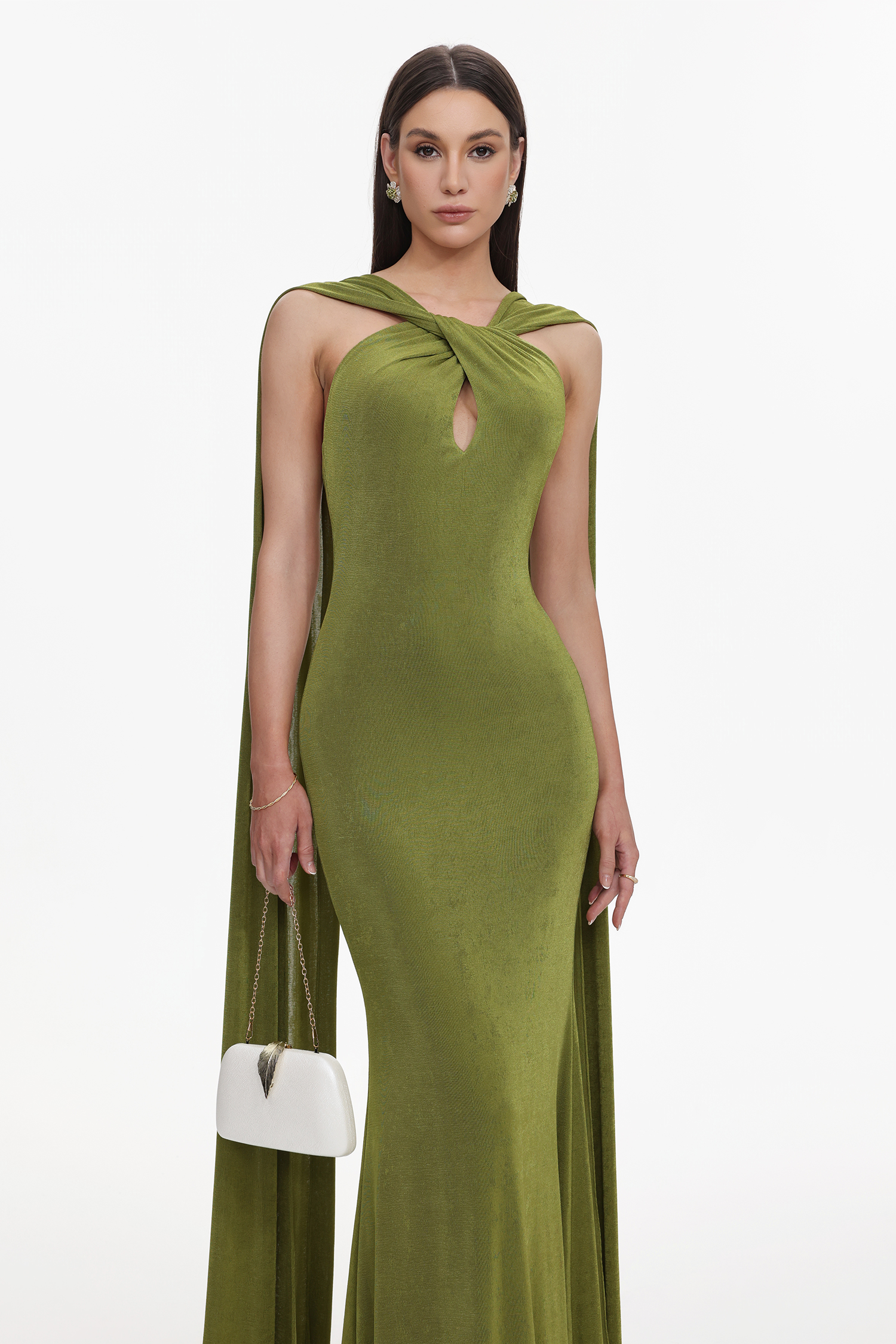 Romelle Elegant Contour Twist Halter Cape Cut Out Maxi Dress