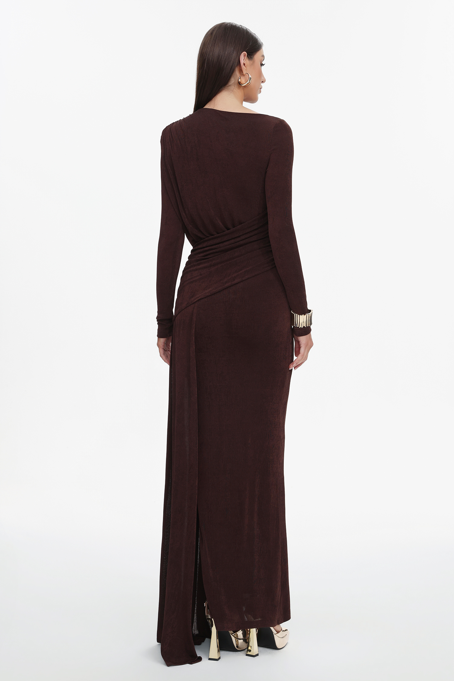 Skyler Elegant Contour Long Sleeve Ruched High Slit Knit Brown Maxi Dress