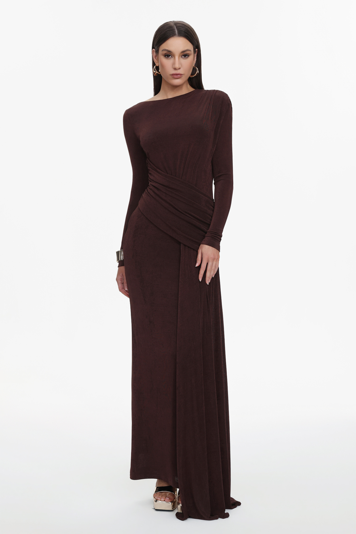 Skyler Elegant Contour Long Sleeve Ruched High Slit Knit Brown Maxi Dress