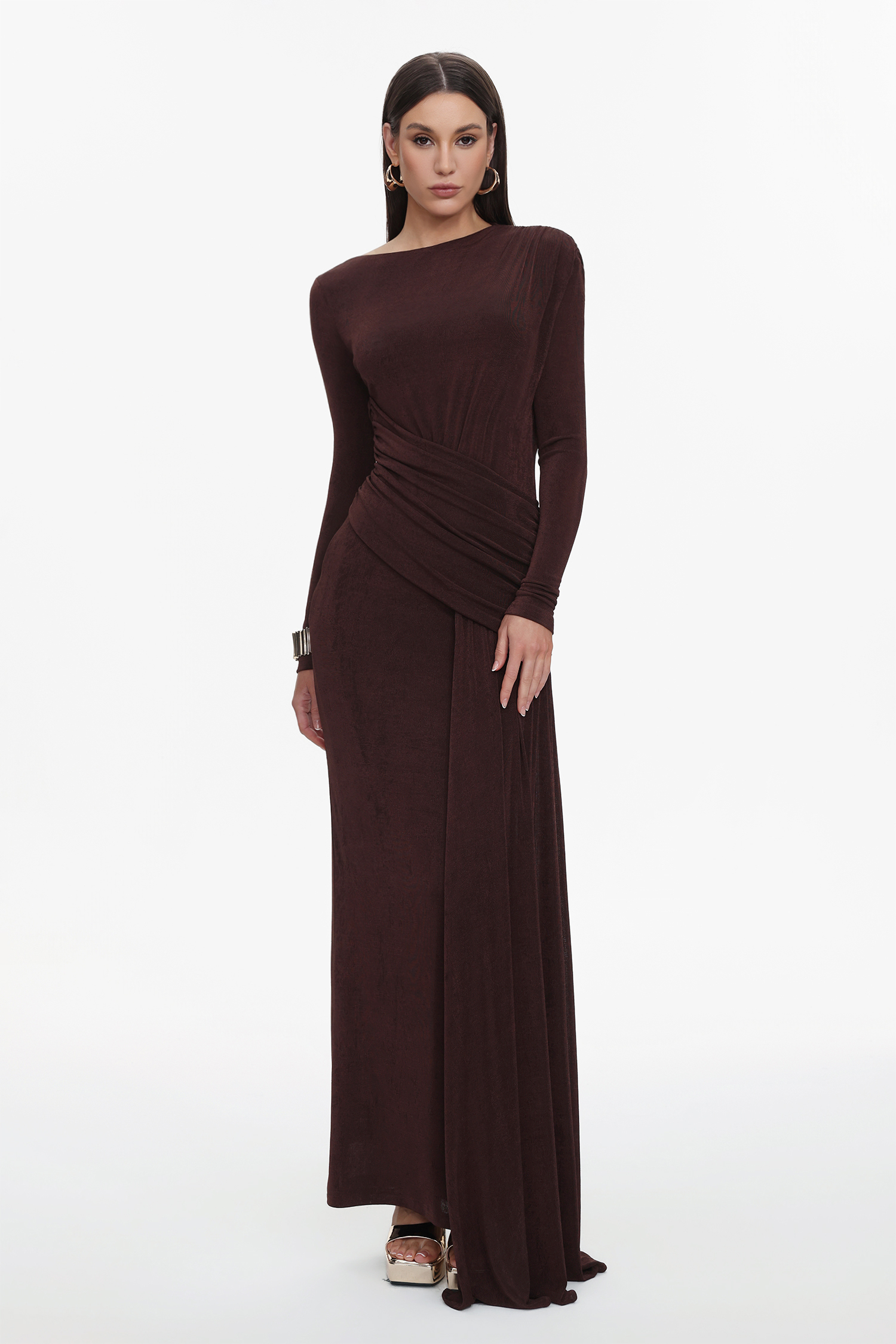 Skyler Elegant Contour Long Sleeve Ruched High Slit Knit Brown Maxi Dress
