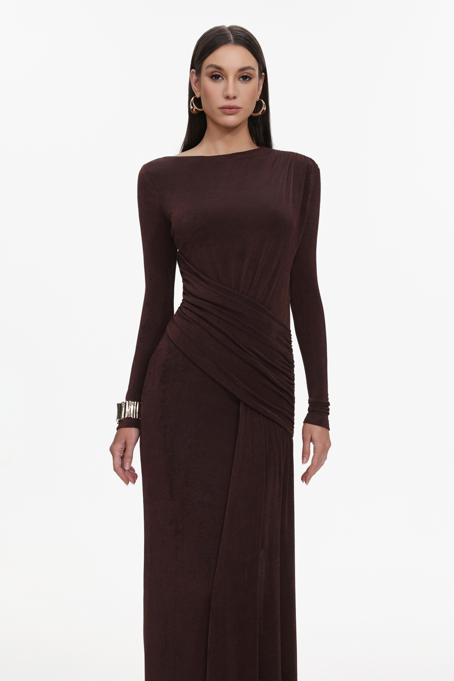 Skyler Elegant Contour Long Sleeve Ruched High Slit Knit Brown Maxi Dress