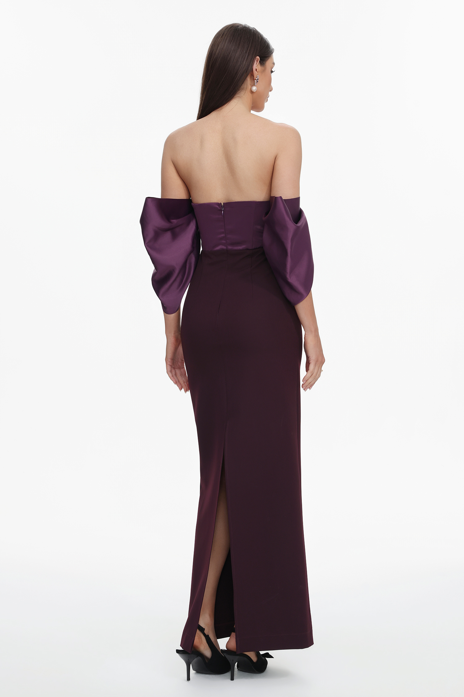 Sareka Elegant Tailored Off Shoulder Pleated Satin Maxi Dress