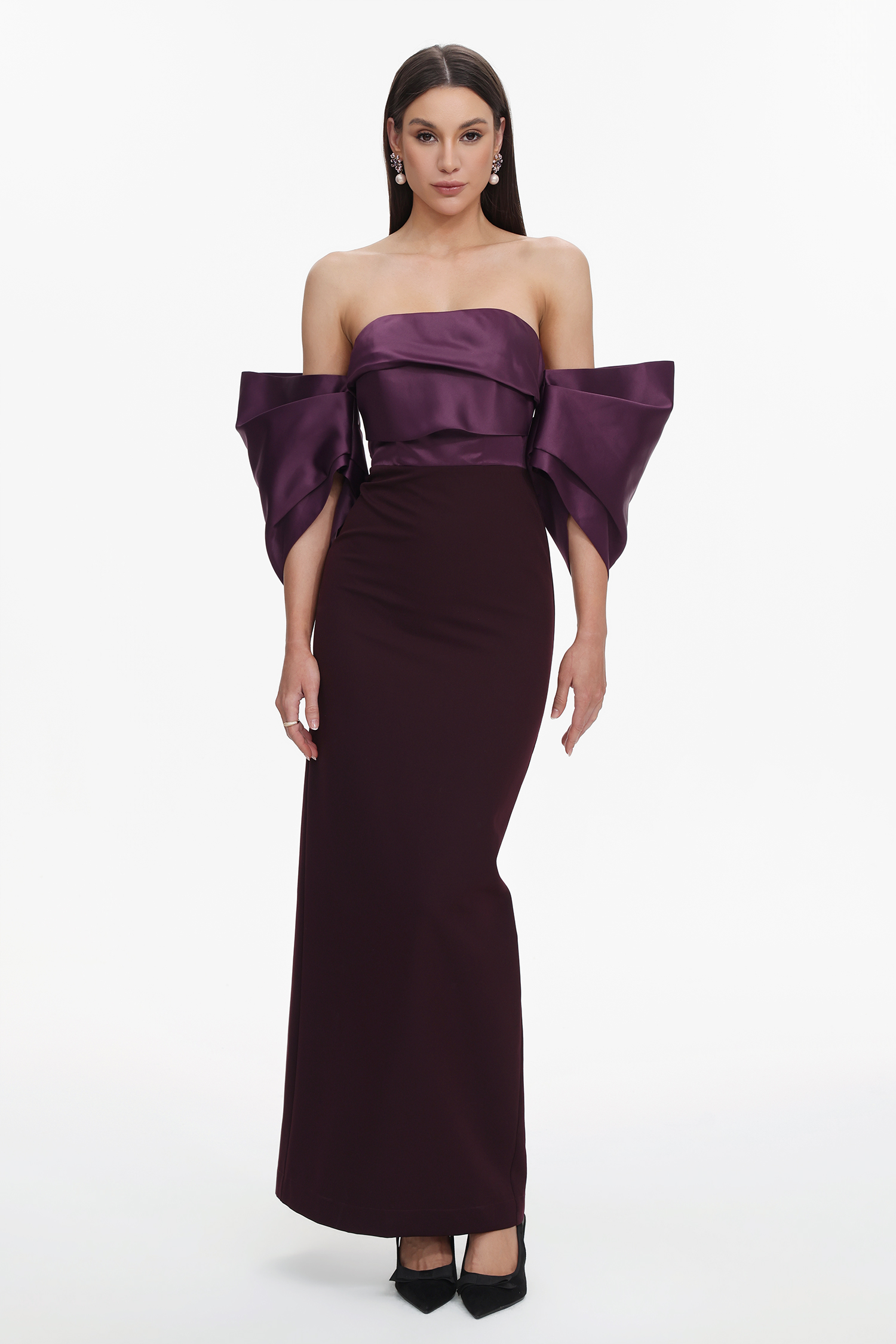 Sareka Elegant Tailored Off Shoulder Pleated Satin Maxi Dress