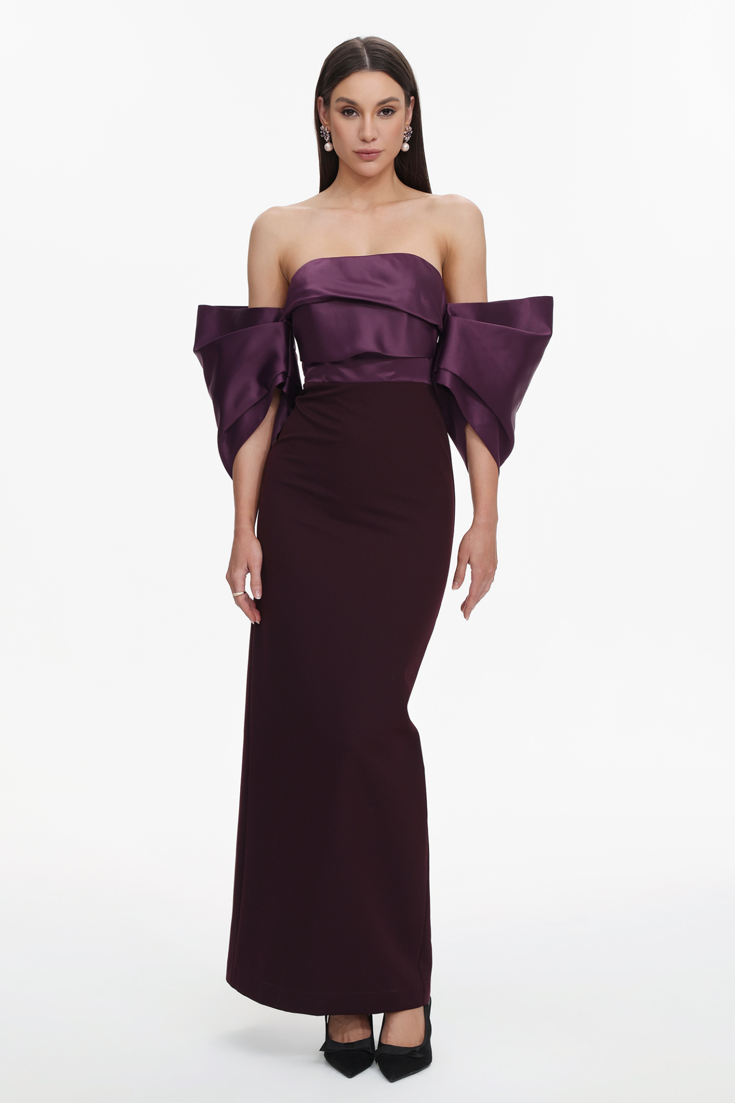 Sareka Elegant Tailored Off Shoulder Pleated Satin Maxi Dress