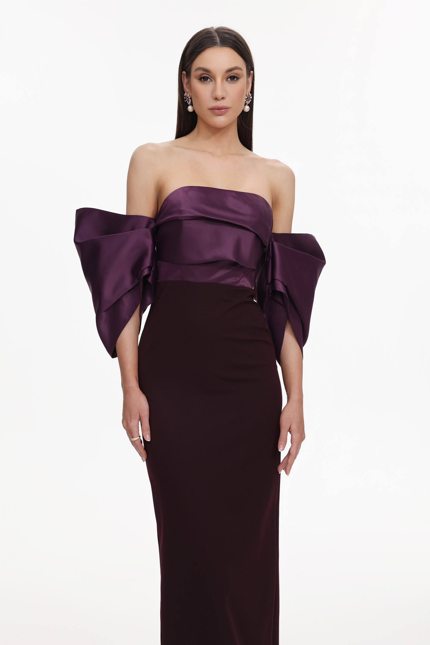 Sareka Elegant Tailored Off Shoulder Pleated Satin Maxi Dress