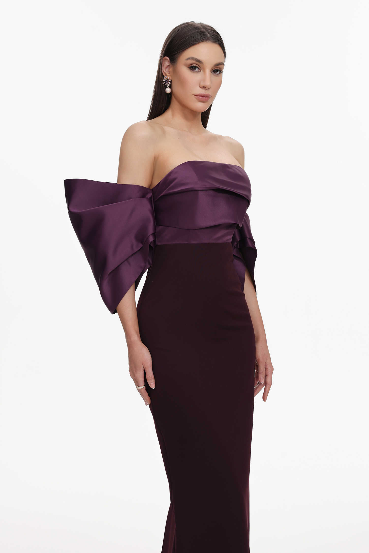 Sareka Elegant Tailored Off Shoulder Pleated Satin Maxi Dress