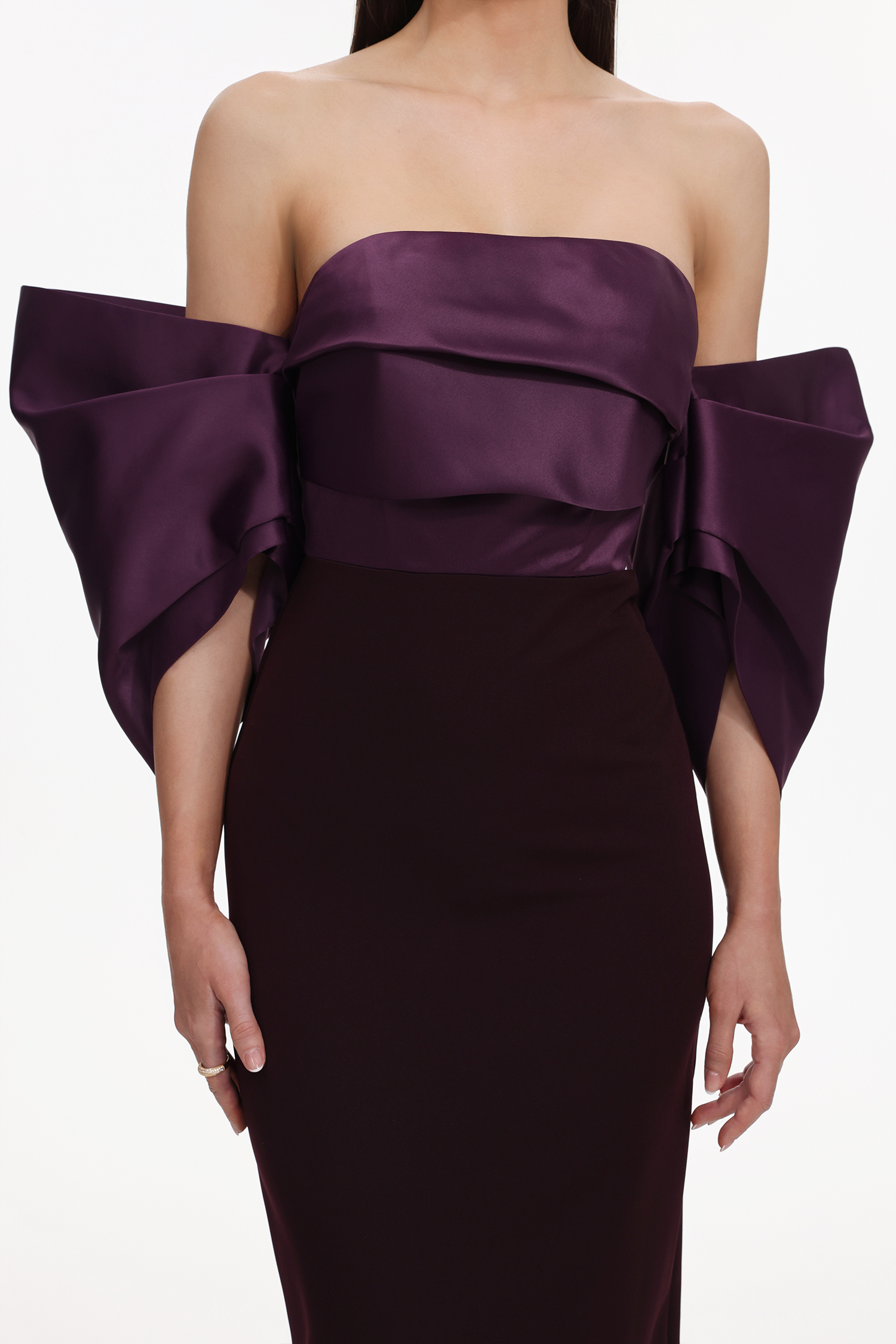 Sareka Elegant Tailored Off Shoulder Pleated Satin Maxi Dress