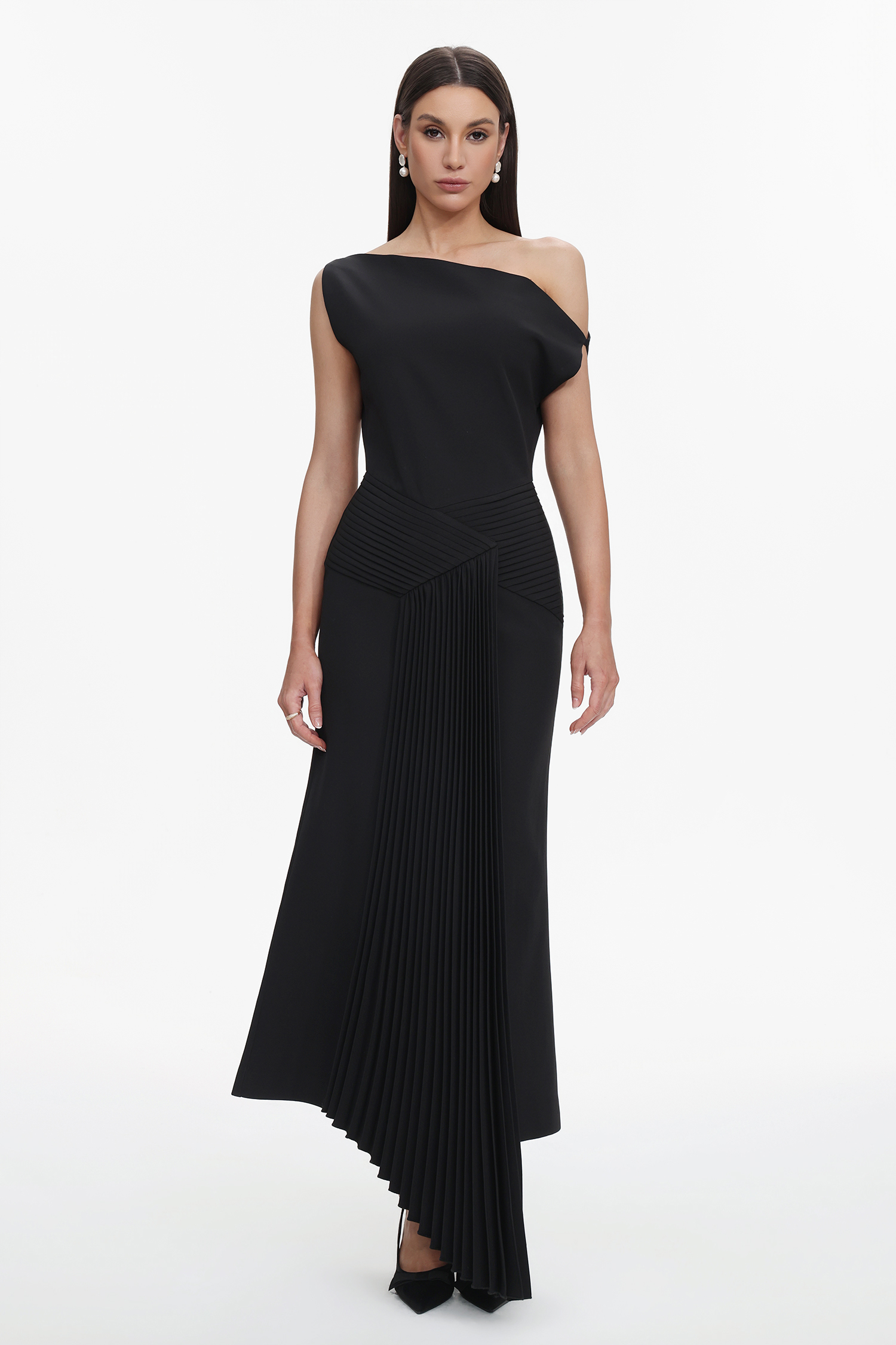 Juny Oblique Shoulder Sleeveless Folds Midi Dress