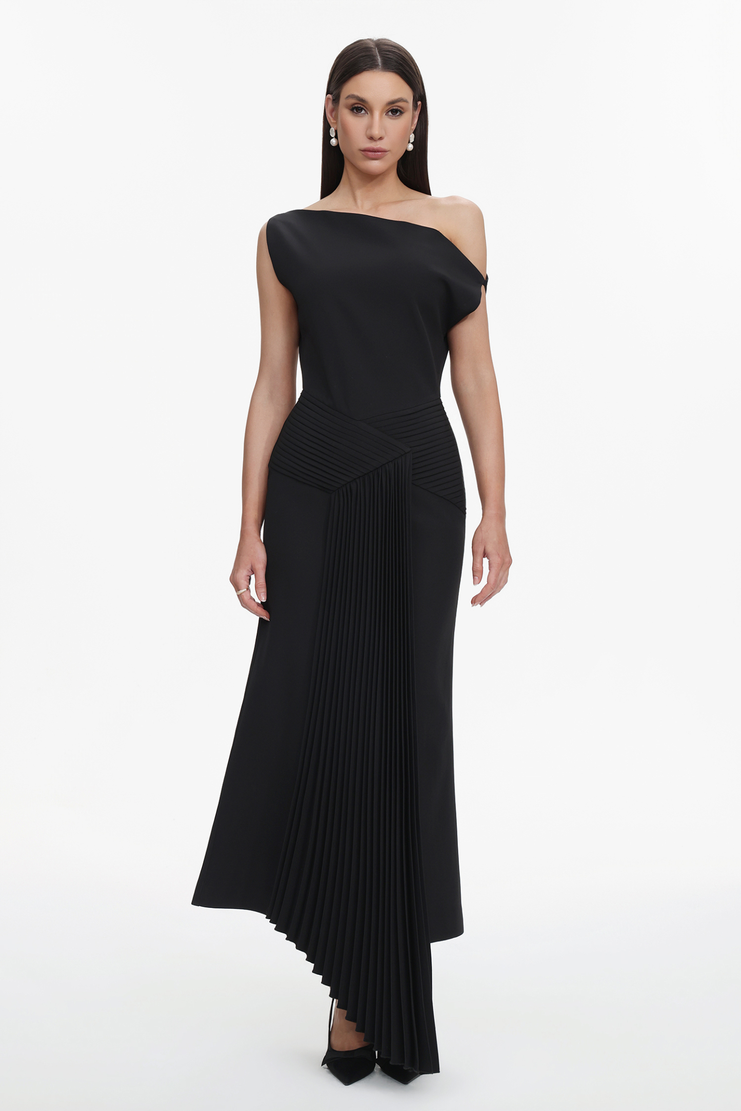 Juny Oblique Shoulder Sleeveless Folds Midi Dress