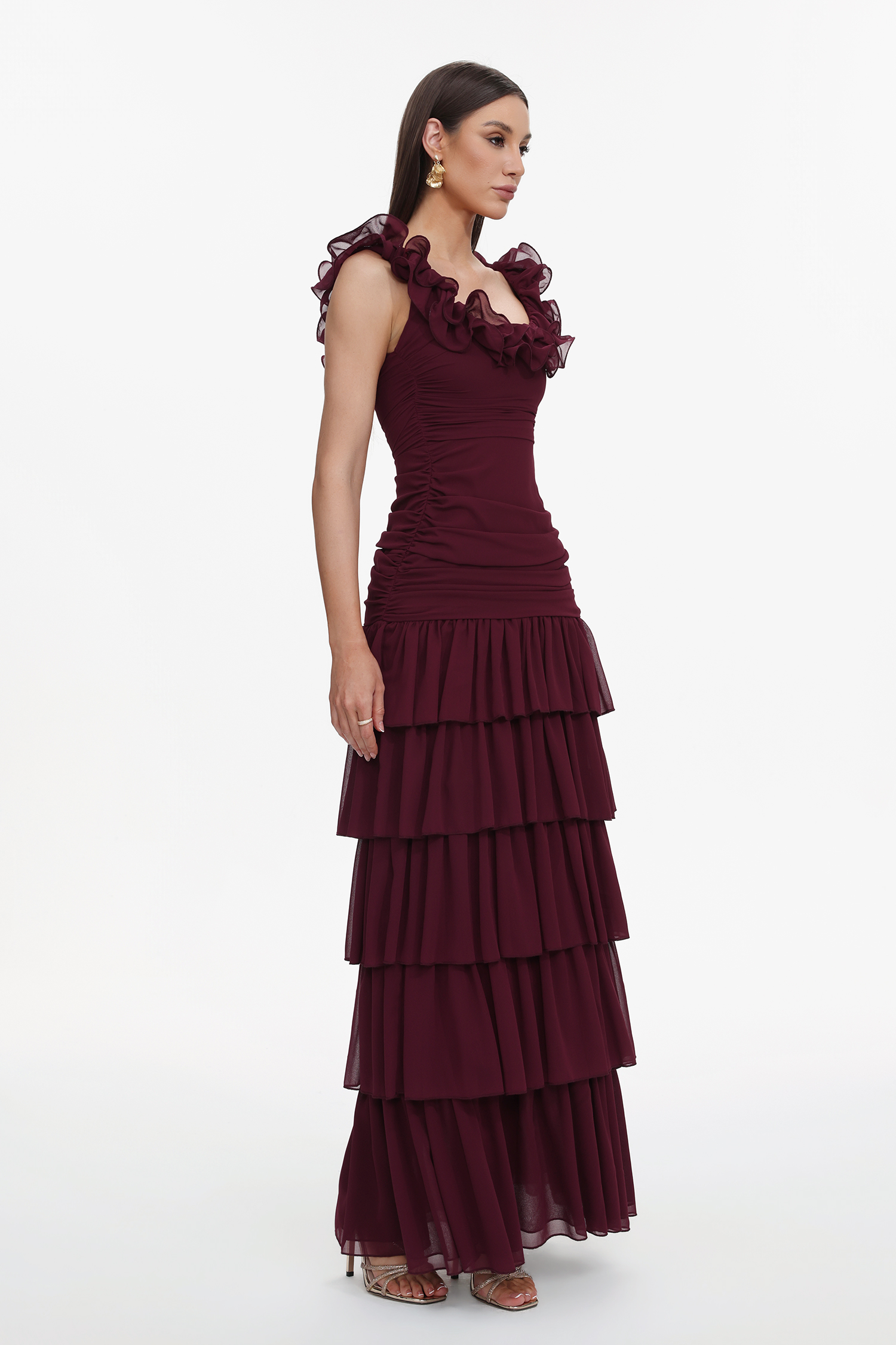 Vivien Romantic Flowy Sleeveless Ruched Ruffle Maxi Dress