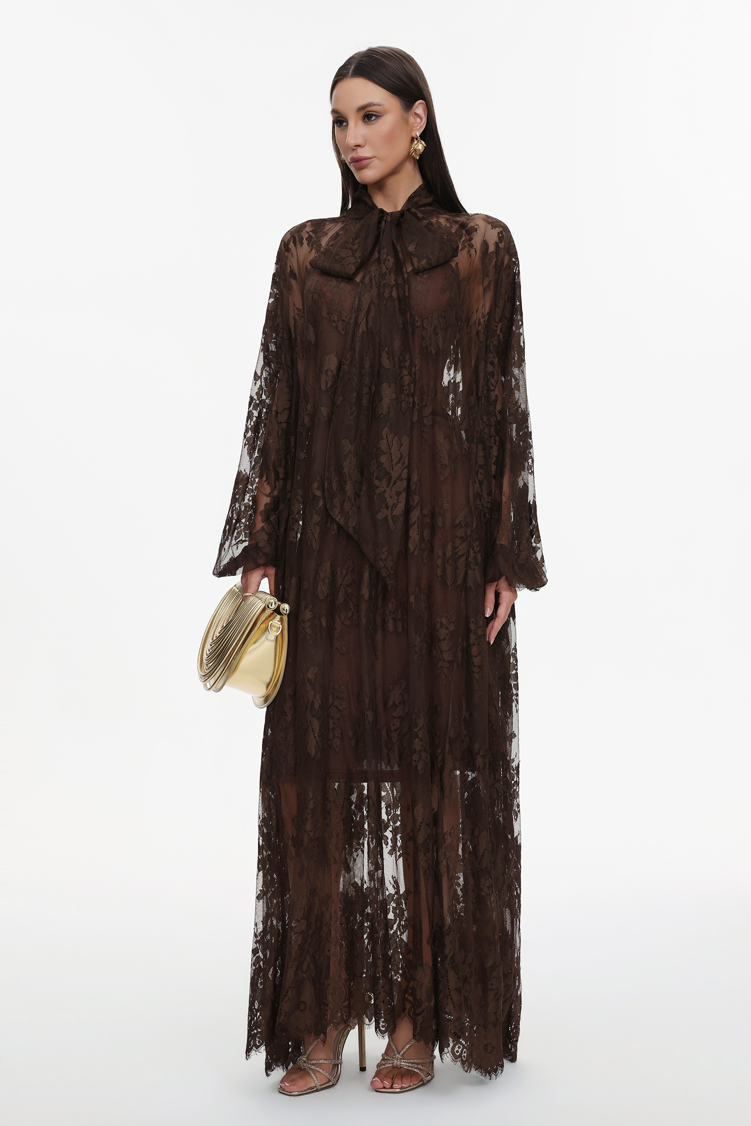 Deliyn Resort Flowy Long Sleeve Embroidered Mesh Lace Maxi Dress