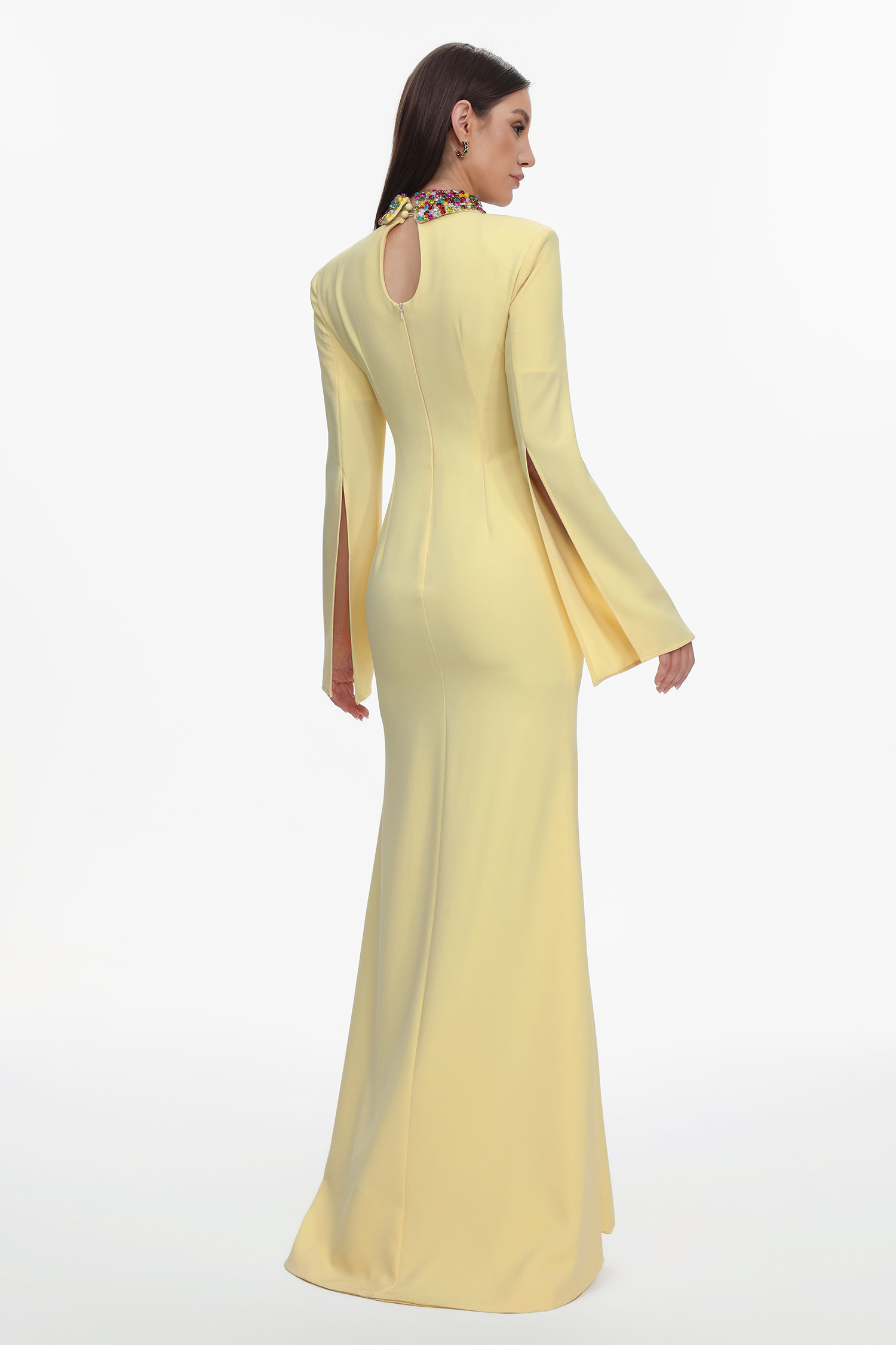 Ditala Elegant Tailored Cape Sleeve Cut Out Rhinestone Woven Maxi Dress