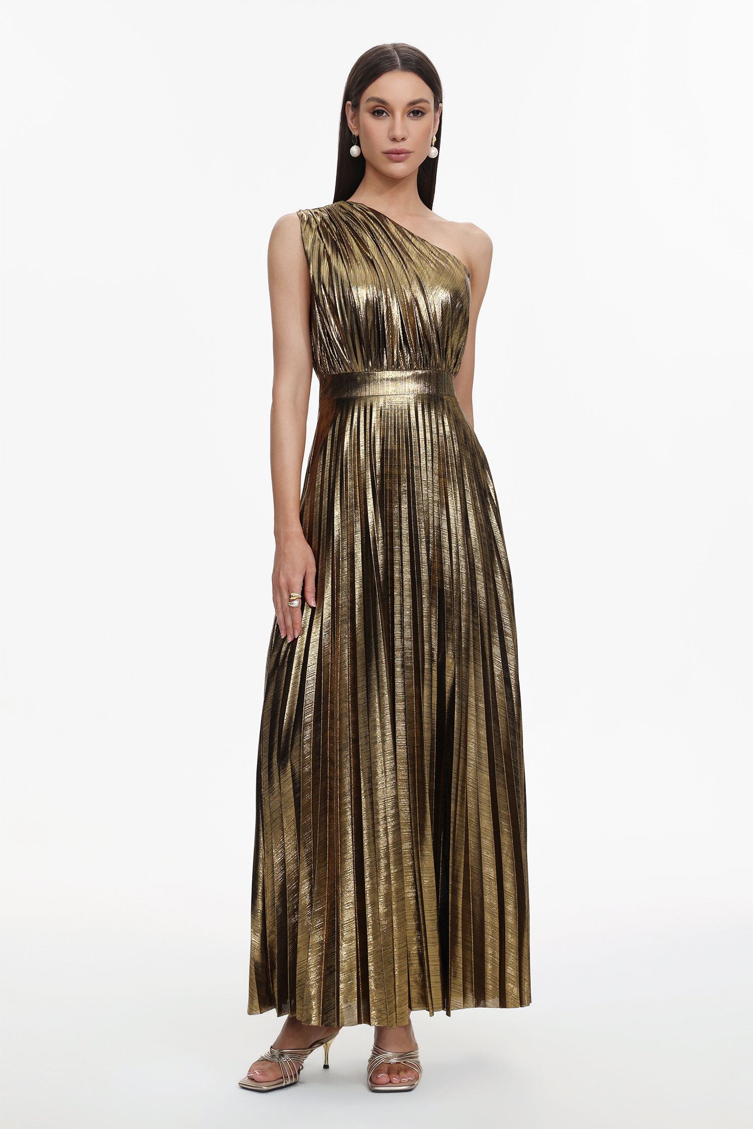 Yuni Glamorous Contour One Shoulder Pleated Metallic Maxi Dress