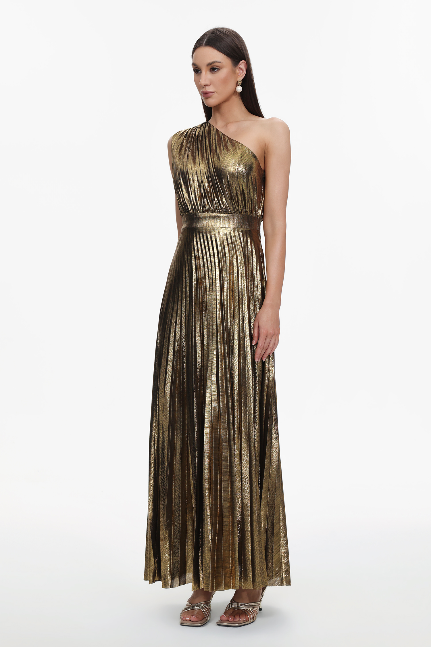 Yuni Glamorous Contour One Shoulder Pleated Metallic Maxi Dress