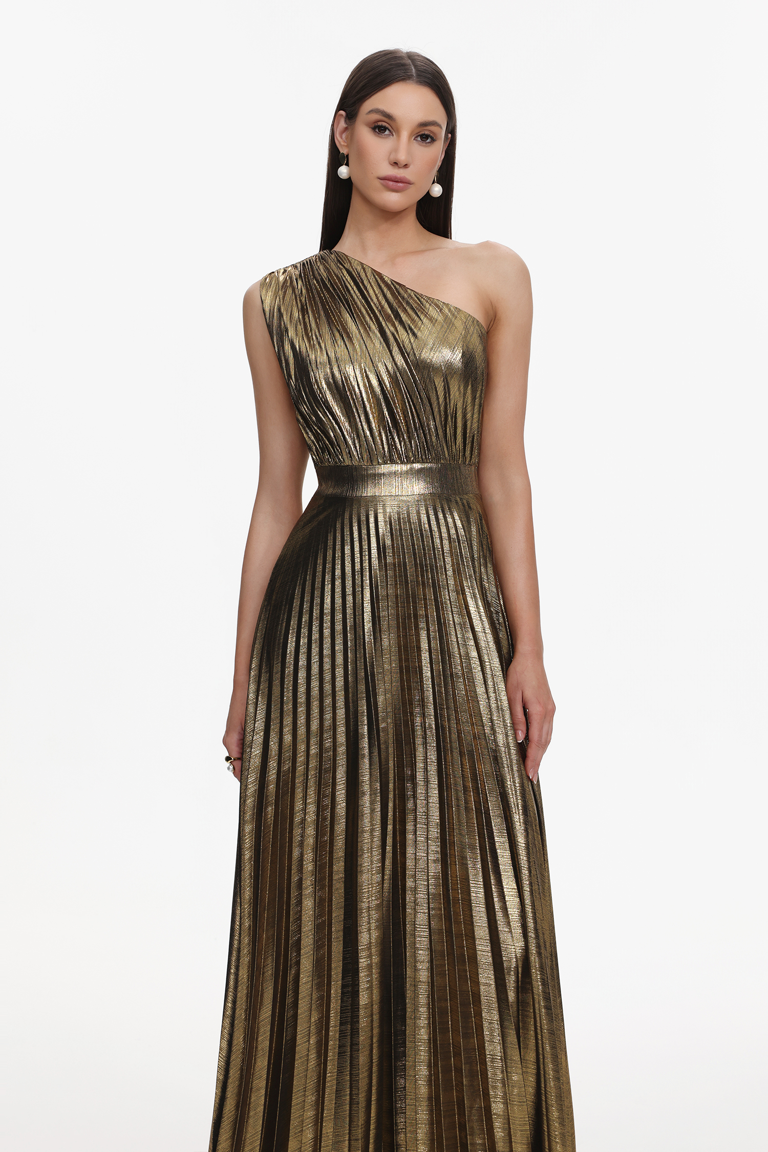Yuni Glamorous Contour One Shoulder Pleated Metallic Maxi Dress