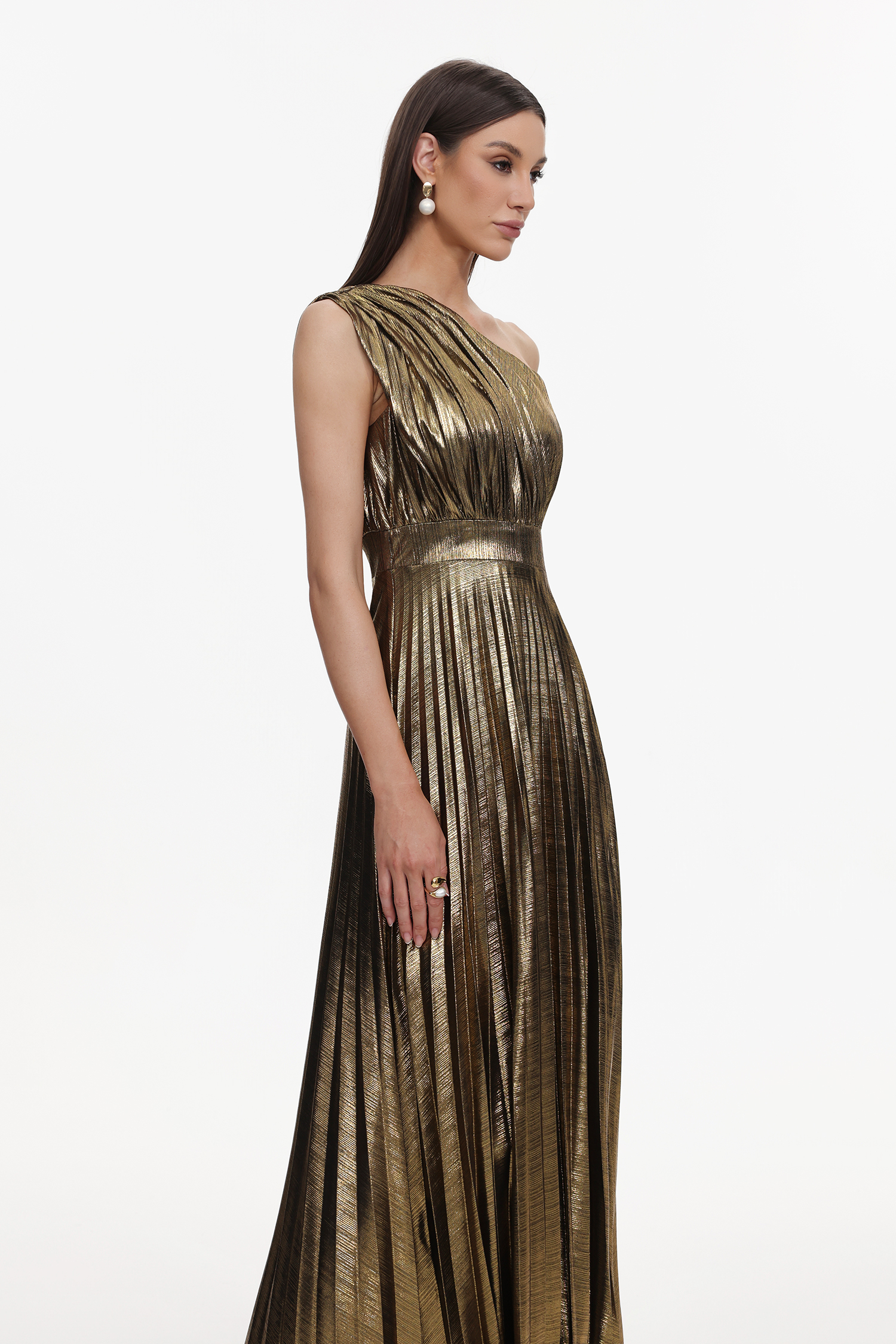 Yuni Glamorous Contour One Shoulder Pleated Metallic Maxi Dress
