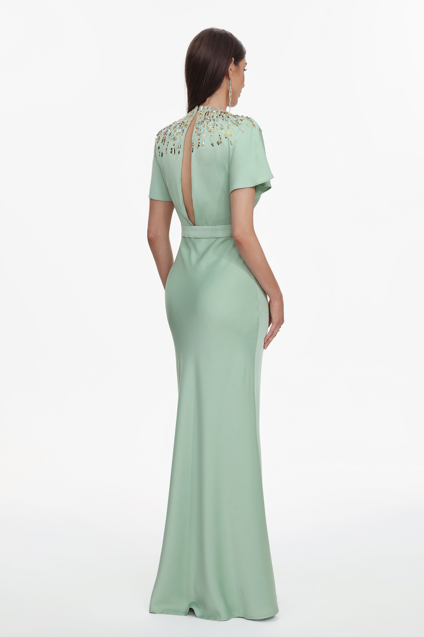 Lacey Elegant Tailored Short Sleeve Crystal Embellished Satin Maxi Dress