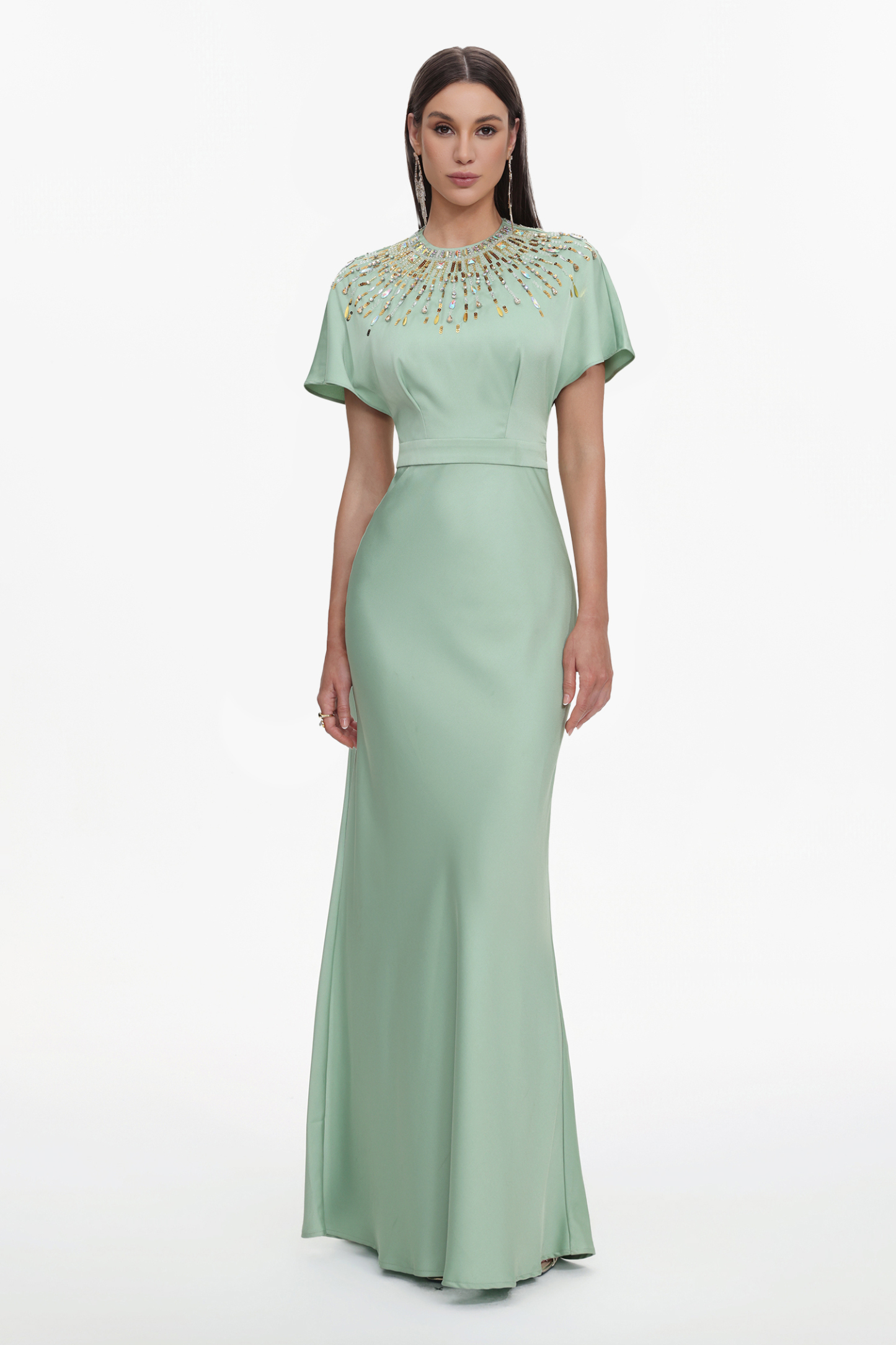 Lacey Elegant Tailored Short Sleeve Crystal Embellished Satin Maxi Dress