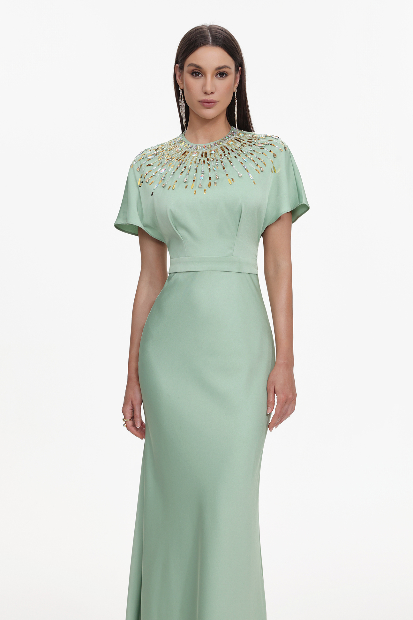 Lacey Elegant Tailored Short Sleeve Crystal Embellished Satin Maxi Dress