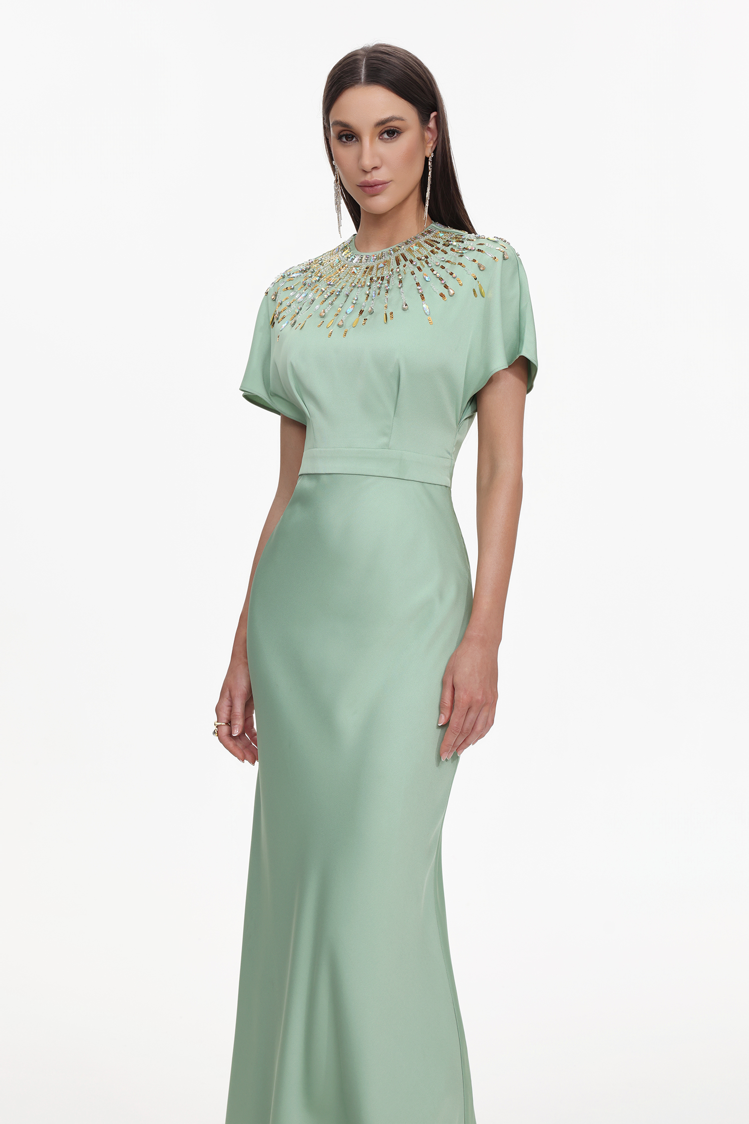 Lacey Elegant Tailored Short Sleeve Crystal Embellished Satin Maxi Dress