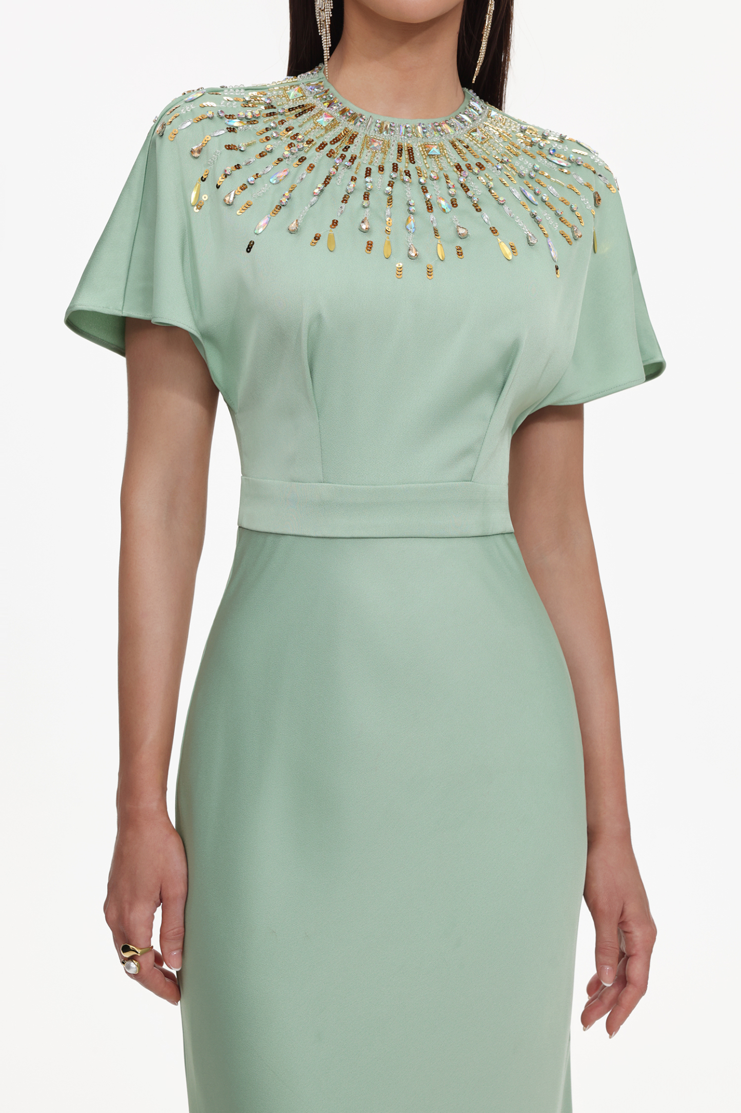 Lacey Elegant Tailored Short Sleeve Crystal Embellished Satin Maxi Dress