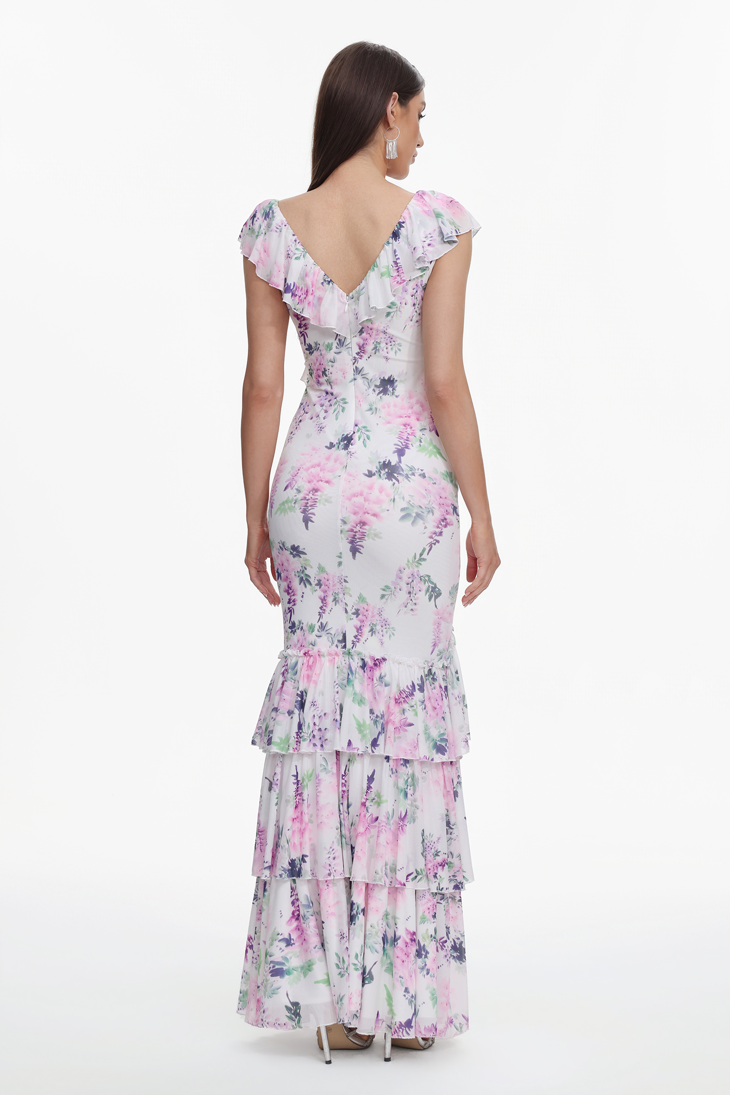 Lafesa Romantic Flowy V Neck Sleeveless Ruffle Floral Print Maxi Dress